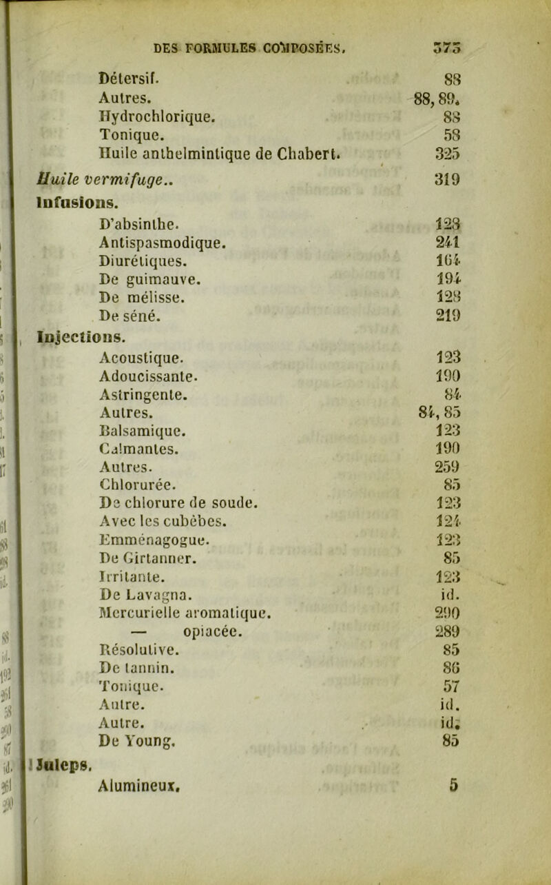 Détersif. 83 Autres. 88,89* Ilydrochlorique. 88 Tonique. 58 Huile anthelmintique de Chabert. 325 Huile vermifuge.. 319 Infusions. D’absinthe. 123 Antispasmodique. 24-1 Diurétiques. 1(54 De guimauve. 194 De mélisse. 128 De séné. 219 Injections. Acoustique. 123 Adoucissante. 190 Astringente. 84 Autres. 84,85 Balsamique. 123 Calmantes. 190 Autres. 259 Chlorurée. 85 De chlorure de soude. 123 Avec les cubèbes. 124 Emménagogue. 123 De Girtanner. 85 Irritante. 123 De Lavagna. id. Mercurielle aromatique. 290 — opiacée. 289 Résolutive. 85 De tannin. 80 Tonique. 57 Autre. id. Autre. id; De Young. 85 'Juleps. Alumineux 5