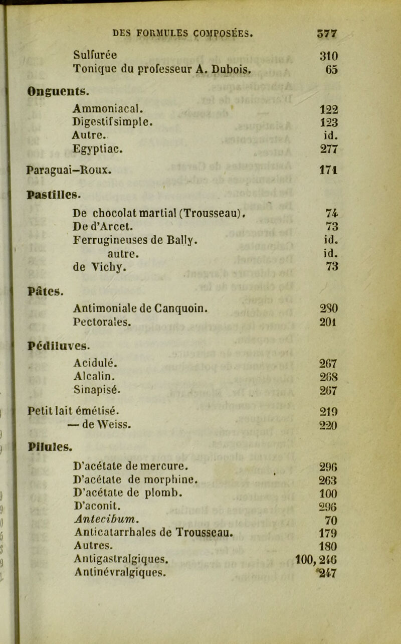 Sulfurée 310 Tonique du professeur A. Dubois. 65 Onguents. Ammoniacal. 122 Digestifsimple. 123 Autre. id. Egyptiac. 277 Paraguai-Roux. 171 Pastilles. De chocolat martial (Trousseau), 74 De d’Arcet. 73 Ferrugineuses de Bally. id. autre. id. de Vichy. 73 Pâtes. Antimoniale de Canquoin. 280 Pectorales. 201 Pédiluves. Acidulé. 207 Alcalin. 268 Sinapisé- 267 Petit lait émélisé. 210 — de Weiss. 220 Pilules. D’acétate de mercure. 296 D’acétate de morphine. 263 D’acétate de plomb. 100 D’aconit. 296 Antecibum. 70 Anticatarrhales de Trousseau. 170 Autres. 180 Antigaslralgiques. 100,246 Anlinévralgiques. *247