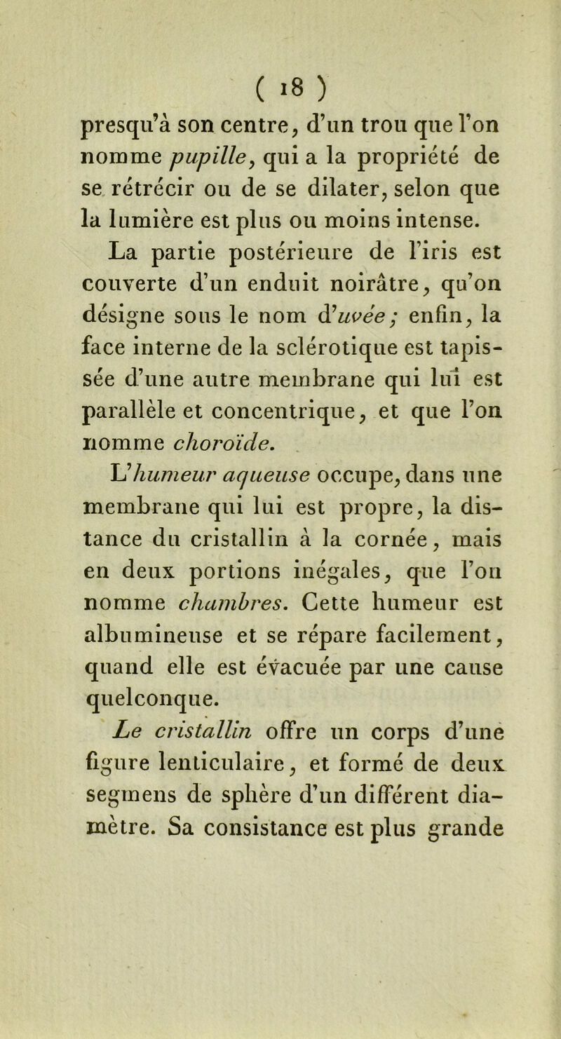 presqu’à son centre, d’un trou que Ton nomme pupille, qui a la propriété de se rétrécir ou de se dilater, selon que la lumière est plus ou moins intense. La partie postérieure de l’iris est couverte d’un enduit noirâtre, qu’on désigne sous le nom d’uvee; enfin, la face interne de la sclérotique est tapis- sée d’une autre membrane qui lui est parallèle et concentrique, et que l’on nomme choroïde. L’humeur aqueuse occupe, dans une membrane qui lui est propre, la dis- tance du cristallin à la cornée, mais en deux portions inégales, que l’on nomme chambres. Cette humeur est albumineuse et se répare facilement, quand elle est évacuée par une cause quelconque. Le cristallin offre un corps d’une figure lenticulaire, et formé de deux segmens de sphère d’un différent dia- mètre. Sa consistance est plus grande