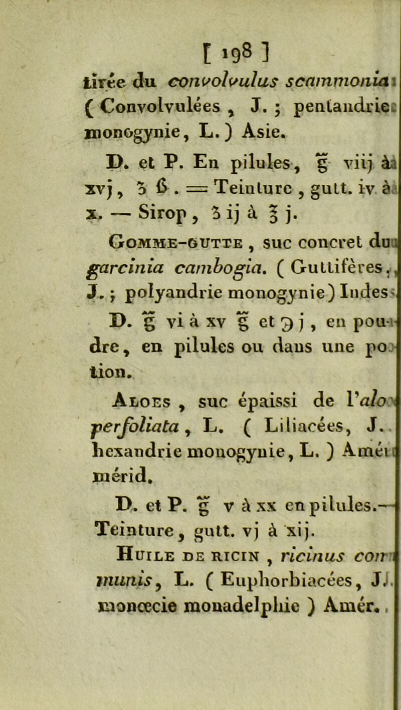 t >98] tirée du convolvulus scnmmonia ( Convolvulées , J.; pentandrie monogynie, L.) Asie. D. et P. En pilules, g viij àa xvj ,36.= Teinlure , gult. iv à x. — Sirop , 3 ij à % j. Gomme-gutte , suc concret du ; garcinia ccimbogia. ( Guttifères., J. ; polyandrie monogynie) Indes- D. g vi à xv g et 9 j, en pou j dre, en pilules ou dans une po tion. Aloes , suc épaissi de lWo ■perfoliata, L. ( Liliacées, J. hexandrie monogynie, L. ) Auaéu mérid. D. et P. g v à xx en pilules.— Teinture, gutt. vj à xij. Huile de ricin , ricinus con munis, L. ( Euphorbiacées, JJ. moneecie mouadelphie ) Amér.