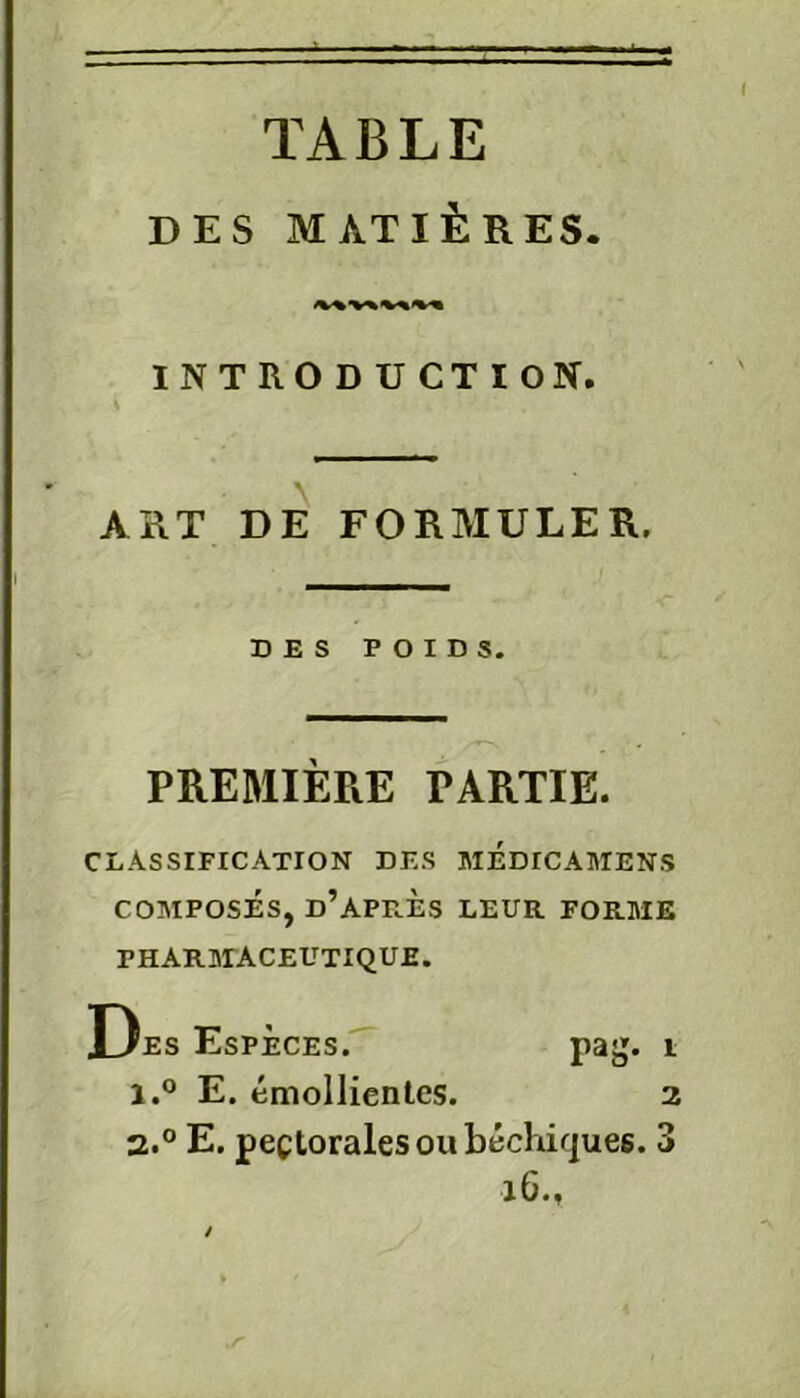 TABLE DES MATIÈRES. INTRODUCTION. ART DE FORMULER. DES POIDS. PREMIÈRE FARTIE. CLASSIFICATION DES MEDICAMENS COMPOSÉS, D’APRÈS LEUR FORME PHARMACEUTIQUE. Des Espèces. paj». i 1. ° E. émollientes. 16., CM W