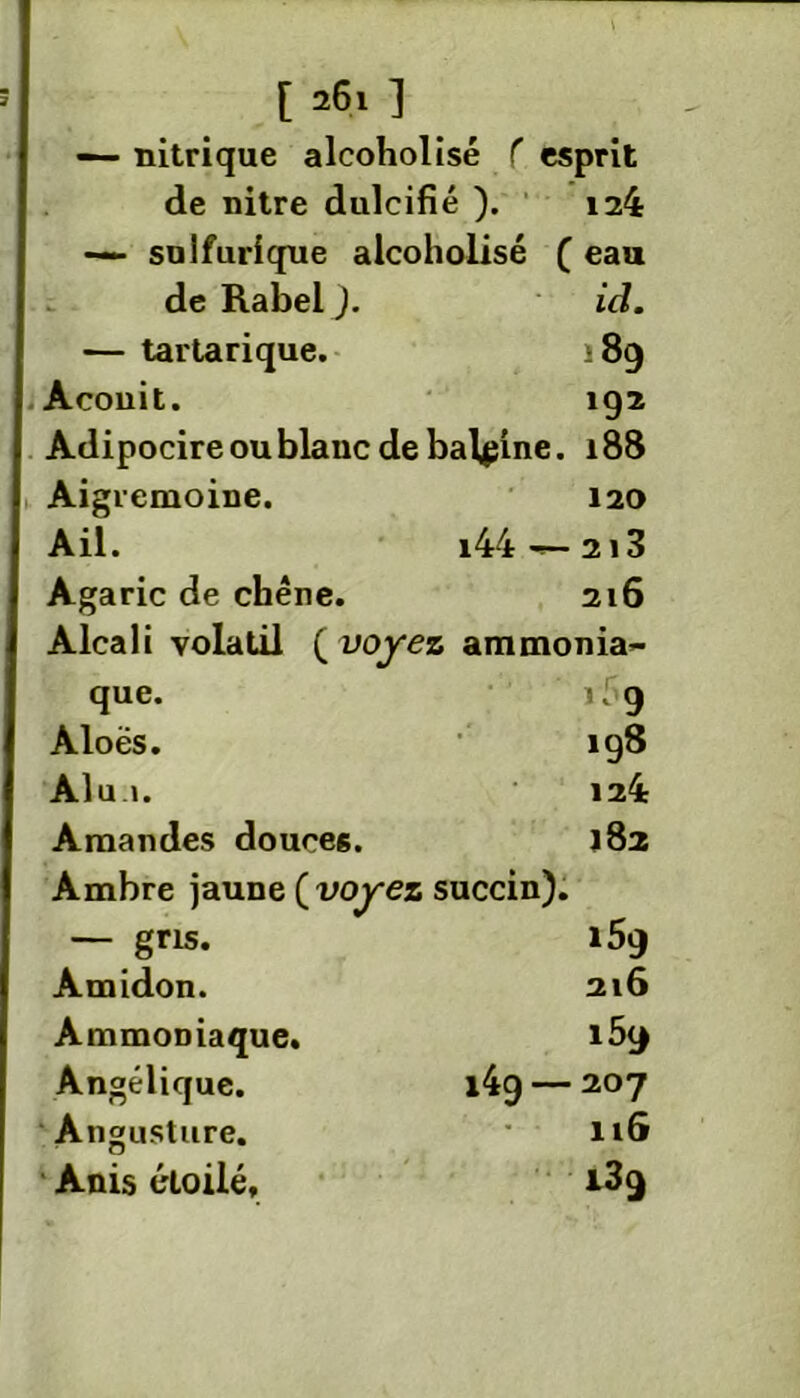 — nitrique alcoholisé ( esprit de nitre dulcifié ). 124 — sulfurique alcoholisé ( eau de Rabel ). id. — tartarique. 189 Aconit. 192 Adipocireoublauc de baleine. 188 Aigremoine. 120 Ail. i44 •— 2i3 Agaric de chêne. 216 Alcali volatil ( voyez ammonia- que. i5g Aloës. 198 Alui. 124 Amandes douces. ï8a Ambre jaune {voyez succin). — gris. 159 Amidon. 216 Ammoniaque. i5g Angélique. 149 — 207 Angusture. 116 Anis étoilé, i3()