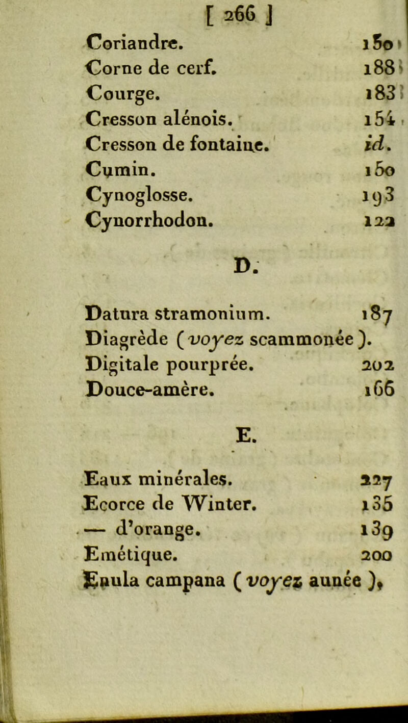 Coriandre. i5o' Corne de cerf. 188 t Courge. i83î Cresson alénois. i54 t Cresson de fontaine. id. Cumin. i5o Cynoglosse. 193 Cyuorrhodon. 122 D. Datnra stramonium. ,87 Diagrède ( voyez scammonée). Digitale pourprée. 202 Douce-amère. 166 E. Eaux minérales. *27 Ecorce de Winter. i35 — d’orange. 139 Emétique. 200 Enula campana ( voyez aunée )t