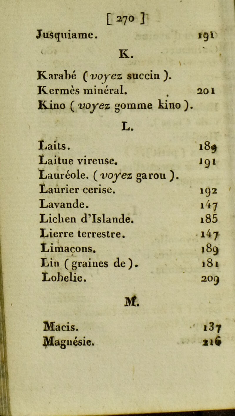 [ 27° ] Jusquiarae. igl K. \ • Karahé ( voyez succin ). Kermès miuéral. , 201 Kiuo ( voyez gomme kino ). L. Laits. 189 Laitue vireuse. Jqi Lauréole. ( voyez garou ). Laurier cerise. 192 Lavande. 147 Lichen d’Islande. i85 Lierre terrestre. 147 Limaçons. j 89 Lin ( graines de ). 181 Lobelie. 209 M. Macis. »3 7 Magnésie. *16