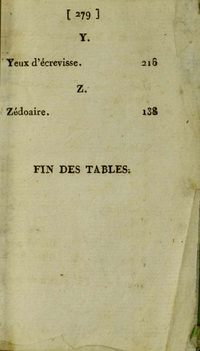 Y. 2lS Yeux d’écrevisse. Z. Zédoaire. i3S FIN DES TABLES.