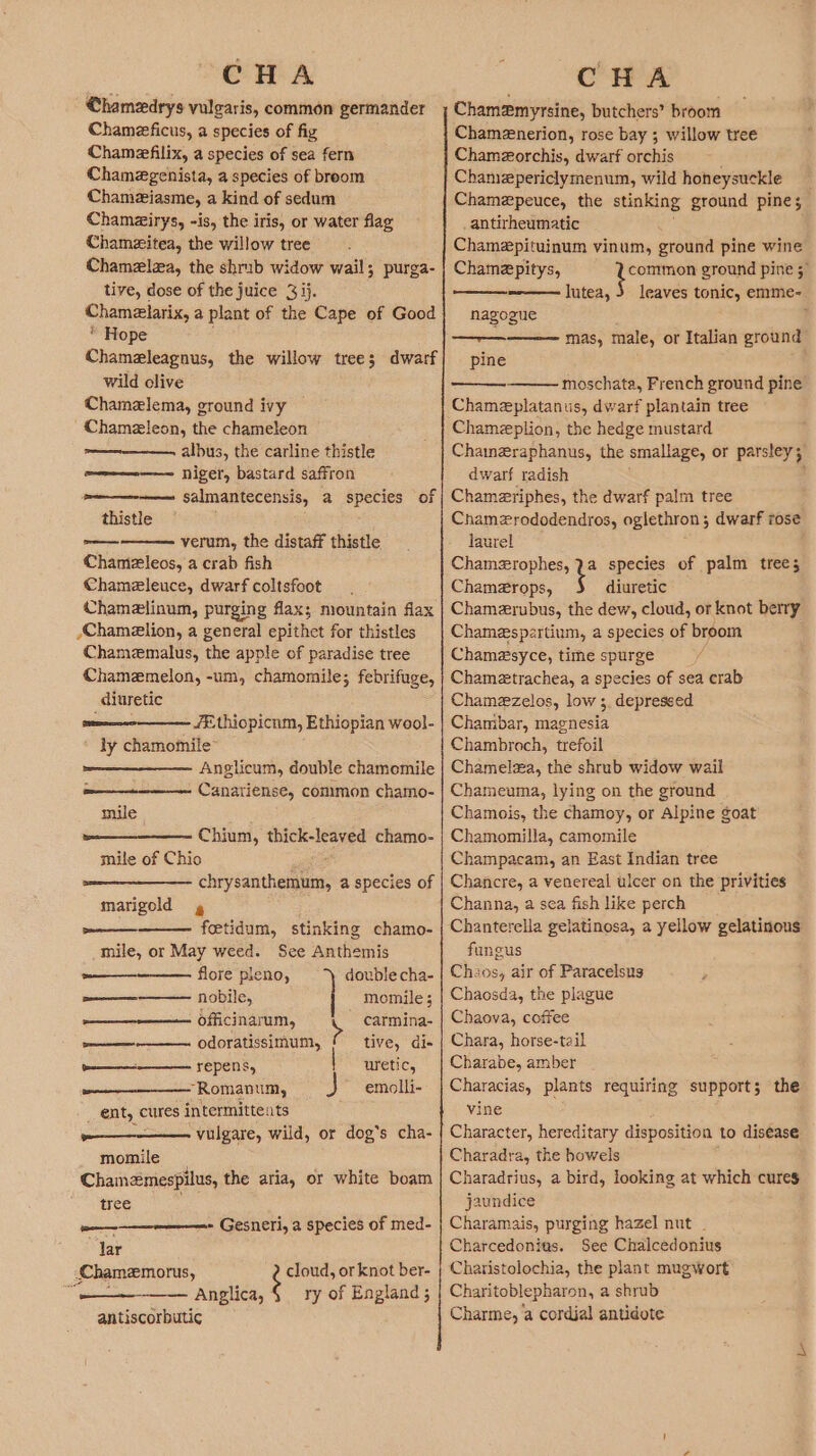 CHA Chamedrys vulgaris, common germander Chameeficus, a species of fig Chameefilix, a species of sea fern Chamegenista, a species of broom Chamziasme, a kind of sedum Chamairys, -is, the iris, or water flag Chamesitea, the willow tree Chamelza, the shrib widow wail; purga- tive, dose of the juice 3 ij. Chamelarix, a plant of the Cape of Good * Hope Chamezleagnus, the willow tree; dwarf wild olive Chamzlema, ground ivy Chameleon, the chameleon albus, the carline thistle niger, bastard saffron po ——---———» salmantecensis, a species of thistle = verum, the distaff thistle Chameleos, a crab fish Chameleuce, dwarf coltsfoot Chamalinum, purging flax; mountain flax -Chamelion, a general epithet for thistles Chamemalus, the apple of paradise tree Chamemelon, -um, chamomile; febrifuge, diuretic Reese /Ethiopicnum, Ethiopian wool- ly chamotnile Anglicum, double chamomile Canatiense, common chamo- mile Chium, thick-leaved chamo- mile of Chio ; chrysanthemum, a species of marigold » foetidum, stinking chamo- See Anthemis double cha- mile, or May weed. — flore pleno, a nobile, | momile; officinarum, s carmina- —— odoratissimum,, tive, di- ————--——— repens, uretic, ———— “Romanum, J emolli- _ ent, cures intermittents —— vulgare, wild, or dog's cha- momile Chamzmespilus, the aria, or white boam tree - Gesneri, a species of med- GT lar Chamemorus, cloud, or knot ber- ae Anglica, $ ry of England ; antiscorbutic CHA Chamemyrsine, butchers’ broom Chamenerion, rose bay ; willow tree Chamzorchis, dwarf orchis Chamzpericlymenum, wild honeysuckle Chamepeuce, the stinking ground pine; _antirheumatic aA Chamepituinum vinum, ground pine wine Chamepitys, common ground pine 5” lutea, 3 leaves tonic, emme- nagogue } oo mas, male, or Italian ground pine moschata, French ground pine Chameplatanus, dwarf plantain tree Chamzplion, the hedge mustard Chamnzraphanus, the smallage, or parsley; dwarf radish , Chamzeriphes, the dwarf palm tree Chamzrododendros, oglethron; dwarf rose laurel Chamezrophes, 2a species of palm trees Chamzrops, diuretic Chamzrubus, the dew, cloud, or knot berry Chamespartium, a species of broom Chamasyce, time spurge Chamztrachea, a species of sea crab Chamezelos, low ;. depressed Chambar, magnesia Chambroch, trefoil Chamelza, the shrub widow wail Chameuma, lying on the ground Chamois, the chamoy, or Alpine goat Chamomilla, camomile Champacam, an East Indian tree Chancre, a venereal ulcer on the privities Channa, a sea fish like perch Chanterella gelatinosa, a yellow gelatinous fungus Chios, air of Paracelsus Chaosda, the plague Chaova, coffee Chara, horse-tail Charabe, amber Characias, plants requiring support; the vine Character, hereditary disposition to disease Charadra, the howels Charadrius, a bird, looking at which cures jaundice Charamais, purging hazel nut _ Charcedonius. See Chalcedonius Charistolochia, the plant mugwort Charitoblepharon, a shrub Charme, ‘a cordjal antidote