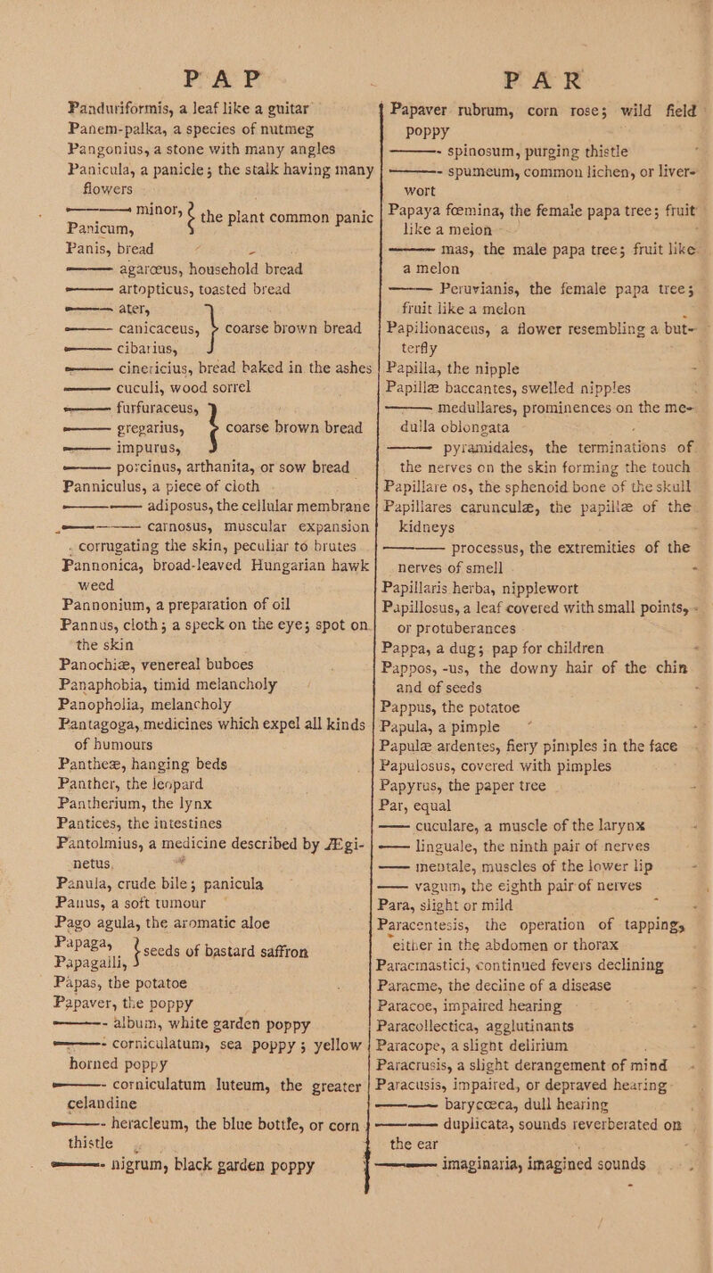 PA P . PAR | Papaver rubrum, corn rose; wild field poppy - spinosum, purging thistle ———- spumeum, common lichen, or liver= wort | Papaya foemina, the female papa tree; fruit like a melon - mas, the male papa tree; fruit like. a melon Peruvianis, the female papa tree; fruit like a melon a Papilionaceus, a flower resembling a but- — terfly Papilla, the nipple Papilla baccantes, swelled nipples medullares, prominences on the me- dulla oblongata pyramidales, the terminations of. the nerves on the skin forming the touch Papillare os, the sphenoid bone of the skull Papillares caruncule, the papille of the Panduriformis, a leaf like a guitar Panem-palka, a species of nutmeg Pangonius, a stone with many angles Panicula, a panicle; the stalk having many flowers ee eee é the plant common panic Panicum, Panis, bread a —— agarceus, household bread =——-— artopticus, toasted bread -——— ater, ——— cacacess, } coarse brown bread -——— cibarius, e——— cinericius, bread baked in the ashes ———— cuculi, wood sorrel =—— furfuraceus, ——— ereparius, ; coarse brown bread impurus, ——— porcinus, arthanita, or sow bread Panniculus, a piece of cloth ——_—_——-+— adiposus, the cellular membrane -—————— carnosus, muscular expansion} kidneys . corrugating the skin, peculiar to brutes processus, the extremities of the Pannonica, broad-leaved Hungarian hawk] nerves of smell Papillaris herba, nipplewort Papillosus, a leaf covered with small points, - or protuberances Pappa, a dug; pap for children ‘ Pappos, -us, the downy hair of the chin and of seeds Pappus, the potatoe Papula, a pimple Papule ardentes, fiery pimples in the face Papulosus, covered with pimples Papyrus, the paper tree Par, equal —— cuculare, a muscle of the larynx -— linguale, the ninth pair of nerves —— meptale, muscles of the lower lip - — vagum, the eighth pair of nerves Para, slight or mild Paracentesis, the operation of tapping, “either in the abdomen or thorax Paracmastici, continued fevers declining Paracme, the deciine of a disease Paracoe, impaired hearing Paracollectica, agglutinants Paracope, a slight delirium Paracrusis, a slight derangement of mind Paracusis, impaired, or depraved hearing ——~ baryceeca, dull hearing ———— duplicata, sounds reverberated on | the ear |——— imaginaria, Sibir’ sounds weed Pannonium, a preparation of oil Pannus, cloth; a speck on the eye; spot on. the skin Panochiz, venereal buboes Panaphobia, timid melancholy Panopholia, melancholy Pantagoga, medicines which expel all kinds of humours Panthex, hanging beds Panther, the leopard Pantherium, the lynx Pantices, the intestines Pantolmius, a medicine described by JE gi- netus * Panula, crude bile; panicula Panus, a soft tumour Pago agula, the aromatic aloe Papagsy F { seeds of bastard saffron Papagaili, Papas, the potatoe Papaver, the poppy -———-- album, white garden poppy —-—- corniculatum, sea poppy; yellow horned poppy -——- corniculatum luteum, the greater celandine -——- heracleum, the blue bottfe, or corn. thistle 935; om——=- nigrum, black garden poppy