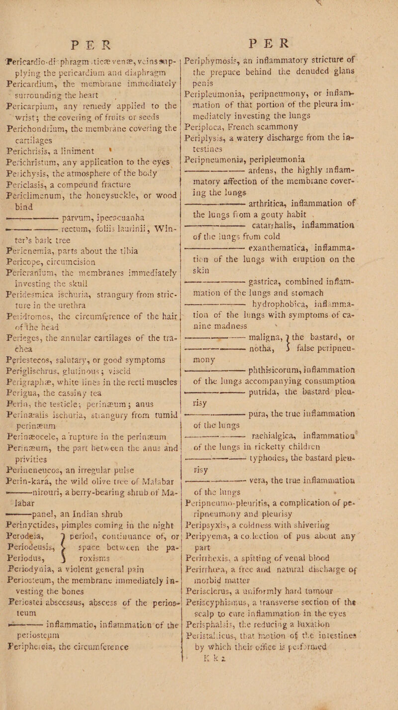 ‘Pericardio-di- phragm tice vene, veins sup- plying the pericardium and diaphragm Pericardium, the membrane immediately ~ surrounding the heart = Pericarpium, any remedy applied to the “wrist; the covering of fruits or seeds Perichondrium, the membrane ¢ covering the cartilages Be ovcitisis, aliniment ‘* Perichristum, any application to the eyes” Perichysis, the atmosphere of the body Periclasis, a compound fracture Periclimenum, the honeysuckle, or wood bind parvum, ipeca scuanha rectum, foliis laurinii, er’s bark tree Pericnemia, parts about the tibia Pericope, circumcision Pericranium, the membranes immiediately | investing the skuil Peridesmica ischuria, strangury from stric- ture in the urethra Win- oo of the head Perieges, the annular cartilages of the tra- | chea Periestecos, salutary, or good symptoms Periglischrus, glutinous; viscid Perigraphe, white lines in the recti muscles Perigua, the cassiny tea Perin, the testicle; perinzum; anus Perinzalis ischaria, stiangury from tumid perineum Perinzocele, a rupture in the perineum Perineum, the part between the anus and privities Perineneucos, an irregular pulse Perin- kara, the wild olive tree of Malabar -———nirouri, a berry-bearing shrub of Ma- labar ———panel, an Indian shrub Perinyctides, pimples coming in the night Perodeia, period, continuance of, or Periodeusis, space between the pa-| Periodus, roxisms Periodyaia, a violent general pain _ Periosteum, the membrane immediately in- vesting the bones Periphymosis, an inflammatory stricture of the prepuce behind the denuded glans penis Peripleumonia, peripneumony, or inflam mation of that portion of the pleura im- mediately investing the lungs Periploca, French scammony Periplysis, a watery discharge from the ine testines Peripneumonia, peripleemonia ——-—— ardens, the highly inflam- matory affection of the membrane cover- . ing the lungs. arthritica, inflammation of the lungs from a gouty habit . catatrhalis, inflammation of the jungs from cold ———— exanthematica, inflamma. tiom of the lungs with eruption on the skin eee — gastrica, combined inflam- mation of the lungs and stomach hydrophobica, inflamma- tion of the lungs with symptoms of ca- nine madness y — maligna, 7 the bastard, or coe notha, false peripnen- mony phthisicorum, inflammation of the lungs accompanying consumption putrida, the bastard: plea- emote ene risy pura, the truc inflammation of the lungs pases rachialgica, inflammation’ of the lungs in ricketty children ——--———- typhodes, the bastard plen- risy —-—-—- vera, the true inflammation of the lung's ; : . Peripneumo-pleuritis, a complication of pe- ripneumony and pleurisy Peripsyxis, a coldness. with shivering Peripyema, aco.lection of pus about any” part Peritrhexis, a spitting of venal blood Perirrhoea, a free and natural discharge of morbid matter Perisclerus, a uniformly hard tamour teum scalp to cure inflammation in the eyes periosteum Peripheveia, the circumference Peristaliicus, that motion of the intestines by which their office is pesformed KRkz