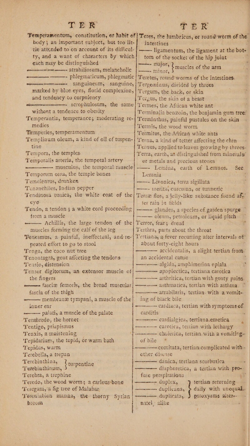 TER Yemperamentum, constitution, or habit of body} an important subject,. but too lit- tle attended to on account of its difficul- ty, and a want of characters by which each may be distinguished eee atrabiliosum, melancholic ~————- ———-- phlegmaticum, phlegmatic Hane «SaAnguineum, sanguine, marked by blue eyes, florid complexion, and tendency to corpulency eae &lt;scrophulosum, the same withont a tendence. to obesity Temperantia, temperance; moderating re- medies Temperies, temperamentum Templinum oleum, a kind of oil of turpen- tine Tempora, the temples. Temporalis arteria, the temporal artery ——————- musculus, the temporal nivscle Temporum ossa, the temple bones - Temulentus, drunken Tenanchiles, Indian pepper Tendinosa tunica, the white coat of the eye Tendo, a tendon ; a white cord proceeding from a muscle Achillis, the large tendon of the muscles forming the calf of the leg Penesmus, a. painful, ineffectual, and: re-’ peated effort to go to stool Tenga, the coco nut tree Tenontagra, gout affecting the tendons Tensio, distension Yensor digitorum, an extensor muscle of the fingers } fascia of the thigh snner ear ——— palati, a muscle of the palate ‘enthredo, the hornet Tentigo, priapismus Tenxis, a moistening Tepidarium, the tepid, or warm bath Tepidus, warm Terebella, a trepan Terebinthina, Terebinthinum, Terebra, a trephine Teredo, the wood worm; a carious*bone Teregam,’a fig tree of Malabar, ‘Yereniabion manna, the thorny Syrian broom {turpentine TEE Teres, the lumbricus, or round worm of the intestines ——- ligamentum, the ligament at the Beta tom of the socket of the hip joint es muscles of the arm —- minor, Teretes, round: worms of the intestines. Tergeminus, divided by threes Tergum, the back, or skin Tergus, the skin of a beast: Termes, the African white ant Terminalia benzoin, the benjamin gum tree? Terminthus, painftl pustules on the skin Termis, the wood worm Termites, the African white ants Terna, a kind of tetter affecting the chin Ternus, appliedto leaves growing by threes: Terra, earth, a8 distinguished from minerals’ or metals and precious stones - Lemina, earth of Lemnos. Lemnia - Livonica, terra sigillata ——- merita, curcuma, or turmeric Torre flos, a jelly-like substance found af ter rain in fields glandes, a species of. garden spurge. ~ oleum, petroleum, or liquid pitch Terror, fears dread Terthra, parts about the threat Tertiana, a fever recurring after intervals of” absut forty-eight hours accidentalis, a slight tertian haat an accidental cause ————-algida, amphimerina epiala ———— apoplectica, tertiana carotica See. ‘ ———~ ‘ asthmatica, tertian with asthma, atrabilaris, tertian. with a vomit~. ing of black bile. cardiaca, tertian with symptoms of carditis : ———--— cardialgica, tertiana.emetica carotica, teruan with lethargy es —- of bile)’ @ ——-comitata, tertian.complicated with - other disease ——--—— danica, tertiana scorbutica : —~~-— diaphoretica, a tertian with. proe- ——-———- duplex, tertian returning ————— duplicana, ——--——— duplicata,. } psroxysms aitere- natel’ alike °