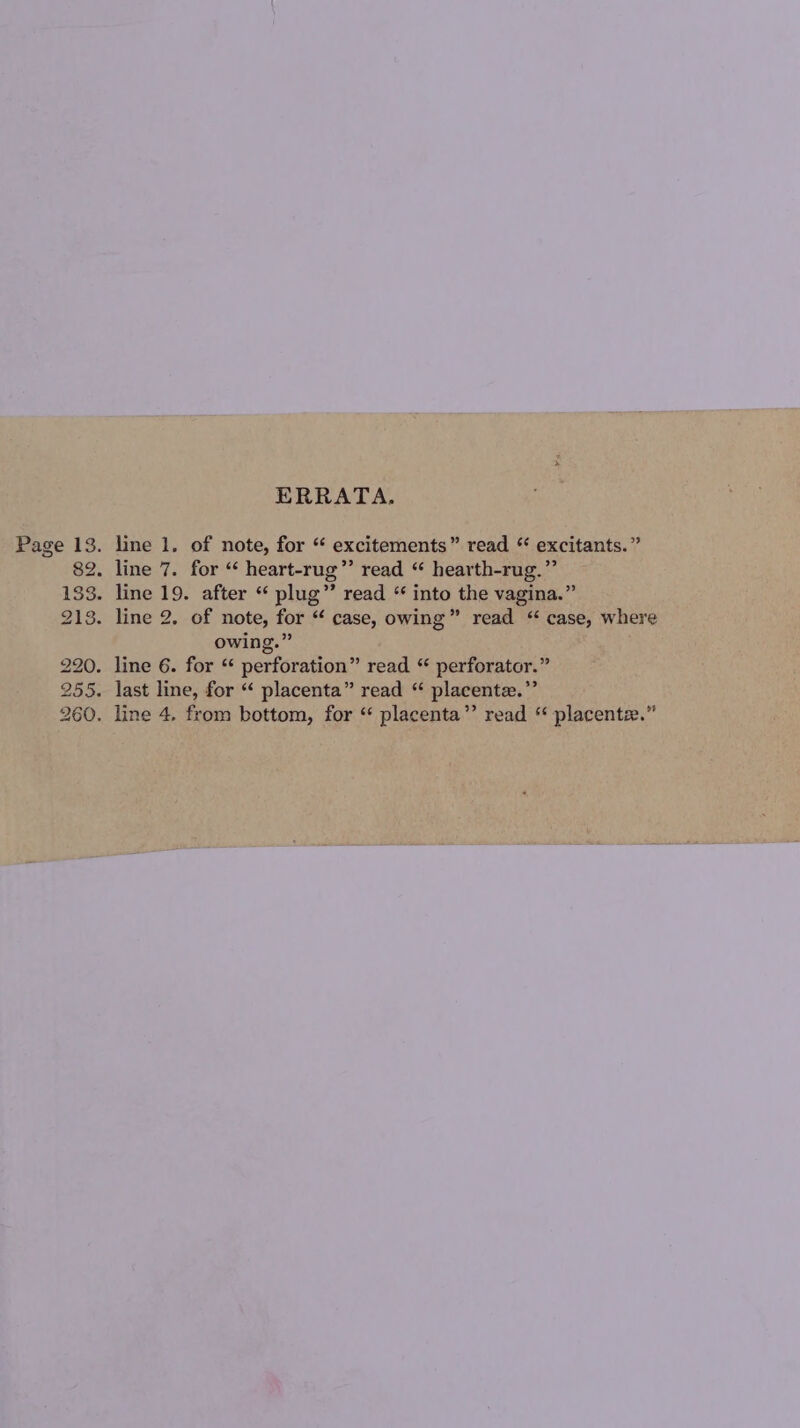 ERRATA. Page 13. line 1. of note, for “‘ excitements” read “ excitants.” 82. line 7. for “ heart-rug”’ read “ hearth-rug.” 133. line 19. after “ plug” read ‘“ into the vagina.” 213. line 2. of note, for “ case, owing” read “ case, where owing.” 220. line 6. for “ perforation” read “ perforator.” 255. last line, for “ placenta” read “ placente.”’