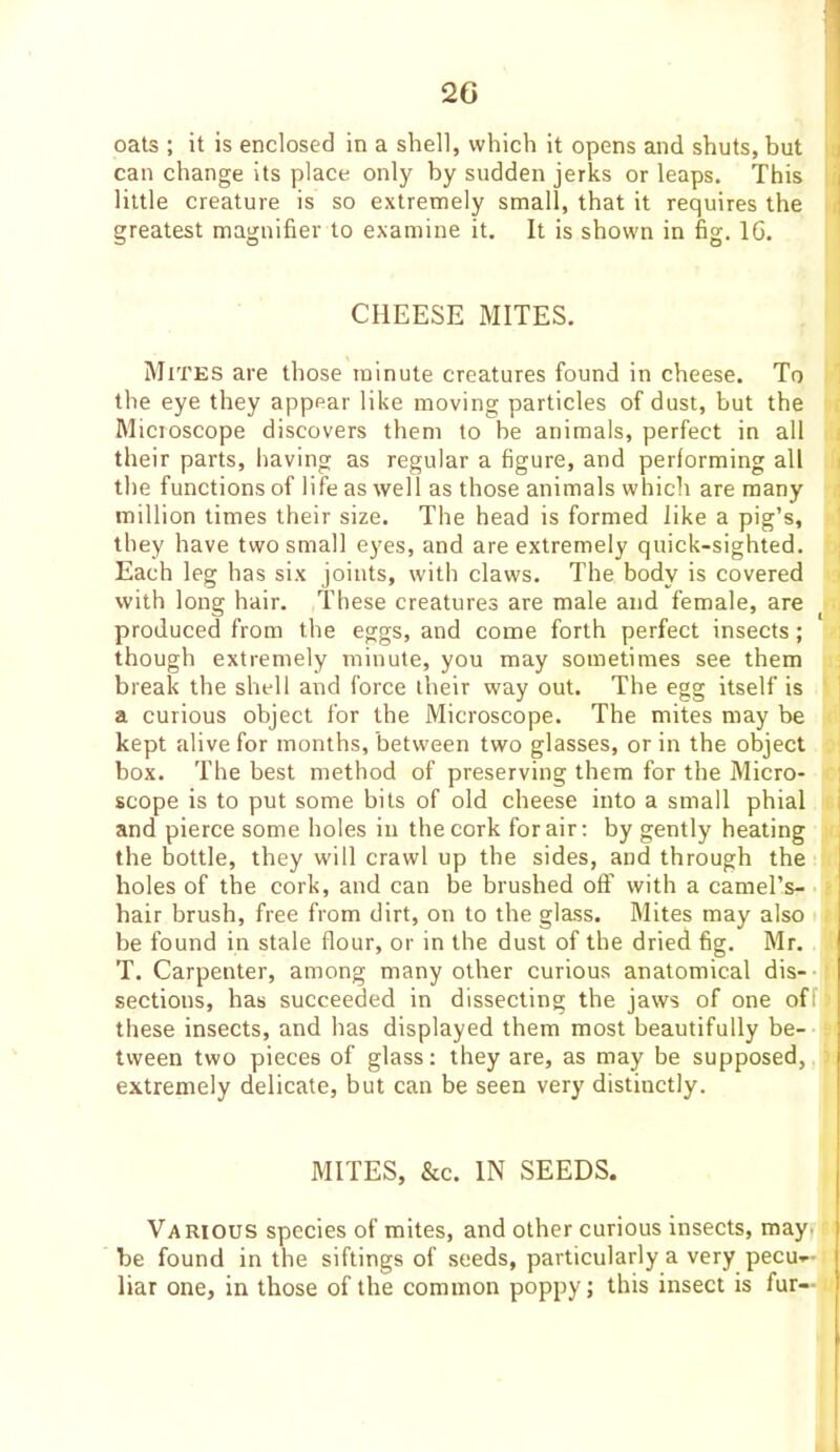 2G oats ; it is enclosed in a shell, which it opens and shuts, but ' can change its place only by sudden jerks or leaps. This little creature is so extremely small, that it requires the greatest magnifier to examine it. It is shown in fig. IG. CHEESE MITES. Mites are those minute creatures found in cheese. To the eye they appear like moving particles of dust, but the Microscope discovers them to be animals, perfect in all their parts, having as regular a figure, and performing all the functions of life as well as those animals which are many million times their size. The head is formed like a pig’s, they have two small eyes, and are extremely quick-sighted. Each leg has six joints, with claws. The body is covered with long hair. These creatures are male and female, are ^ produced from the eggs, and come forth perfect insects; though extremely minute, you may sometimes see them break the shell and force their way out. The egg itself is a curious object for the Microscope. The mites may be kept alive for months, between two glasses, or in the object box. The best method of preserving them for the Micro- scope is to put some bits of old cheese into a small phial and pierce some holes in the cork for air; by gently heating the bottle, they will crawl up the sides, and through the holes of the cork, and can be brushed off with a camel’s- hair brush, free from dirt, on to the glass. Mites may also be found in stale flour, or in the dust of the dried fig. Mr. T. Carpenter, among many other curious anatomical dis- sections, has succeeded in dissecting the jaws of one off these insects, and has displayed them most beautifully be- tween two pieces of glass: they are, as may be supposed, extremely delicate, but can be seen very distinctly. MITES, &c. IN SEEDS. Various species of mites, and other curious insects, mayi be found in the siftings of seeds, particularly a very pecu- liar one, in those of the common poppy; this insect is fur—