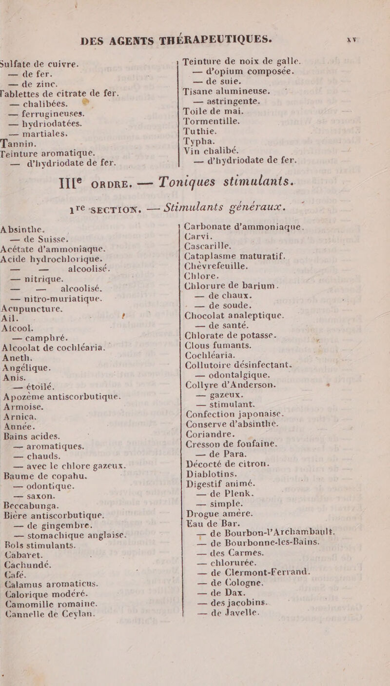 sulfate de cuivre. — de fer. — de zinc. l'ablettes de citrate de fer. — chalibées. — ferrugineuses. — hydriodatées. — martiales. Tannin. Teinture aromatique. — d’hydriodate de fer. ; Teinture de noix de galle. — d’opium composée. — de suie. Tisane alumineuse. — astringente. Toile de mai. Tormentille. Tuthie. Typha. Vin chalibé. — d’hydriodate de fer. À bsinthe. — de Suisse. Acétate d’'ammoniaque. Acide hydrochlorique. — — alcoolisé. — nitrique. alcoolisé. — nitro-muriatique. Acupuncture. Alcool. — campbré. Alcoolat de cochléaria. Aneth. Angélique. Anis. — étoilé. Apozème antiscorbutique. Armoise. Arnica. ‘Aunée. — aromatiques. — chauds. — avec le chlore gazeux. Baume de copahu. — odontique. — saxon. Beccabunga. Bière antiscorbutique. — de gingembre. — stomachique anglaise. Bols stimulants. Cabaret. Cachundé. Cafe. Calorique modéré. Camomille romaine. Cannelle de Ceylan. Carbonate d’ammoniaque. Carwvi. Cascarille. Cataplasme maturatif. Chevrefeuille. Chlore. Chlorure de barium. — de chaux. - — de soude, Chocolat analeptique. — de santé. Chlorate de potasse. Clous fumants. Cochléaria. Collutoire désinfectant. — odontalgique. Collyre d’Anderson. + — gazeux. — stimulant. Confection japonaise. Conserve d’absinthe. Coriandre. Cresson de fonfaine. — de Para. Décocté de citron. Diablotins. Digestif animé. — de Plenk. — simple. Drogue amère. Eau de Bar. — de Bourbon-l’Archambault. — de Bourbonne-les-Bains. — des Carmes. — chlorurée. — de Clermont-Ferrand. — de Cologne. — de Dax. — des jacobins. — de Javelle.