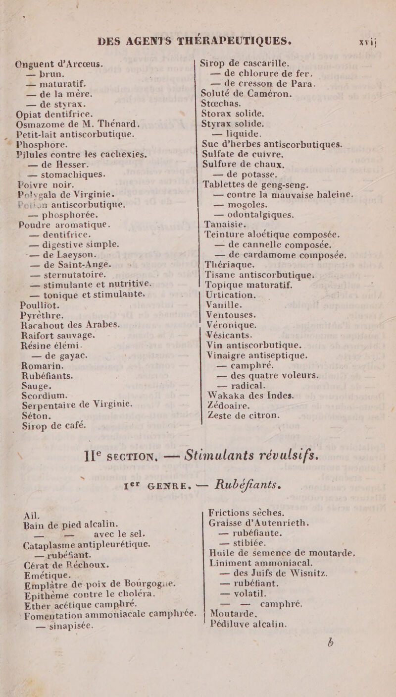 Onguent d’Arcœus. — brun. — maturatif. — de la mére. — de styrax. Opiat dentifrice. Osmazome de M. Thénard. Petit-lait antiscorbutique. Phosphore. Pilules contre les cachexies. — de Hesser. — stomachiques. Poivre noir. Polygala de Virginie. Potiss antiscorbutique. — phosphorée. Poudre aromatique. — dentifrice. — digestive simple. -— de Laeyson. — de Saint-Ange. — sternutatoire. — stimulante et nutritive. — tonique et stimulante, Poulliot. Pyrèthre. Racahout des Arabes. Raifort sauvage. Résine élémi. — de gayac. Romarin. Rubéfiants. Sauge. Scordium. Serpentaire de Virginie. Séton. s Sirop de cafe. xvi] Sirop de cascarille. — de chlorure de fer, — de cresson de Para. Soluté de Caméron. Stœchas. Storax solide. Styrax solide, — liquide, Suc d’herbes antiscorbutiques. Sulfate de cuivre. Sulfure de chaux. — de potasse. Tablettes de geng-seng. — contre la mauvaise haleine. — mogoles. — odontalgiques. Tanaisie. Teinture aloétique composée. — de cannelle composée. — de cardamome composée. Thériaque. Tisane antiscorbutique. Topique maturatif. Ürtication. Vanille. Ventouses. Véronique. Vésicants. Vin antiscorbutique. Vinaigre antiseptique. — camphré. — des quatre voleurs. — radical. Wakaka des Indes. Zédoaire. Zeste de citron. “ Ail. : Bain de pied alcalin. avec le sel. Cataplasme antipleurétique. — rubéfiant. Cérat de Réchoux. Emétique. É Emplâtre de poix de Bourgogue. Epithème contre le choléra. Ether acétique camphré. Fomentation ammoniacale camphrée — sinapisée. Frictions sèches. Graisse d’Autenrieth. — rubéfiante. — stibiée. Huile de semence de moutarde, Liniment ammoniacal. — des Juifs de Wisnitz. — rubéfiant. — volatil. — — camphré. Moutarde. Pédiluve alcalin.