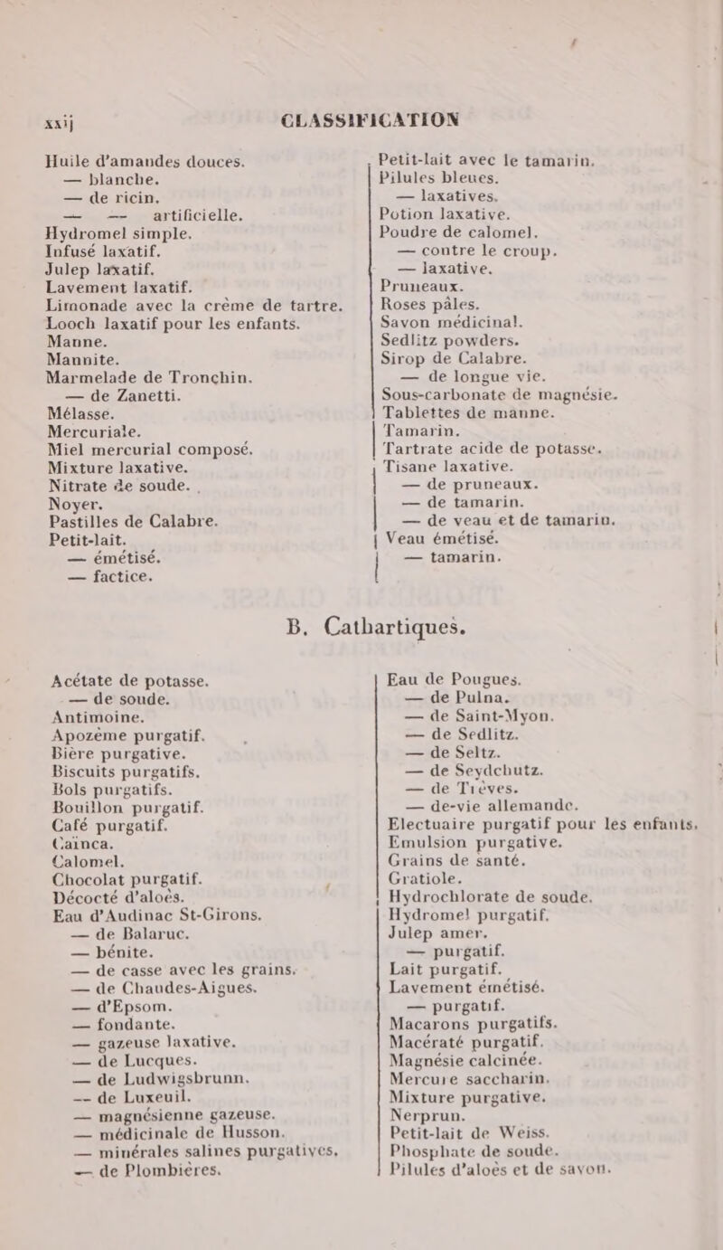 Huile d'amandes douces. — blanche. — de ricin. — —- artificielle. Hydromel simple. Infusé laxatif, Julep laxatif. Lavement laxatif. Lirmonade avec la crème de tartre. Looch laxatif pour les enfants. Manne. Mannite. Marmelade de Tronchin. — de Zanetti. Mélasse. Mercuriale. Miel mercurial composé. Mixture laxative. Nitrate de soude. . Noyer. Pastilles de Calabre. Petit-lait. — émétisé. — factice. Petit-lait avec le tamarin. Pilules bleues. — laxatives. Potion laxative, Poudre de calomel. — contre le croup. — ljaxative. Pruneaux. Roses pales. Savon médicinal!. Sedlitz powders. Sirop de Calabre. — de longue vie. Sous-carbonate de magnésie. Tablettes de manne. Tamarin. Tartrate acide de potasse. Tisane laxative. — de pruneaux. — de tamarin. — de veau et de tamariv. Veau émétise. — tamarin. Acétate de potasse. — de soude. Antimoine. Apozème purgatif. Bière purgative. Biscuits purgatifs. Bols purgatifs. Bouillon purgatif. Café purgatif. Cainca. Calomel. Chocolat purgatif. Décocté d’aloës. Eau d’Audinac St-Girons. — de Balaruc. — bénite. — de casse avec les grains, — de Chaudes-Aigues. — d’'Epsom. — fondante. — gazeuse laxative. — de Lucques. — de Ludwigsbrunn. _—- de Luxeuil. — magnésienne gazeuse. — médicinale de Husson. — minérales salines purgatives, — de Plombiéres. Eau de Pougues. — de Pulna. — de Saint-Myon. — de Sedlitz. — de Seltz. — de Seydchutz. — de Trèves. — de-vie allemande. Electuaire purgatif pour les enfants, Emulsion purgative. Grains de santé. Gratiole. Hydrochlorate de soude. Hydrome! purgatif. Julep amer. — purgatif. Lait purgatif. Lavement émétisé. — purgatif. Macarons purgatifs. Macératé purgatif. Magnésie calcinée. Mercure saccharin. Mixture purgative. Nerprun. Petit-lait de Weiss. Phosphate de soude. Pilules d’aloës et de savon.