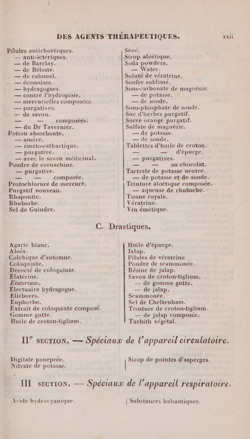 — anti-ictériques. — de Barclay. — de Béloste. — de calomel. _ — écossaises. — hydragogues. — contre l’hydropisie. — mercurielles composées. — purgatives. — de savon. — — composées: = du Dr Tavernier. Potion absorbante. — amère. — éméto-cathartique. — purgative. — avec le savon médicinal. Poudre de cornachine. — purgative. composée. Protochlorure de mercure, Purgatif nouveau. Rhapontic. Rhubarbe. Sel de Guindre. Sirop aloétique. Soda powders. — Water. Soluté de vératrine. Soufre sublimé. Sous-carbonate de magnésie: — de potasse. — de soude, Sous-phosphate de soude. Suc d'herbes purgatif. Sucre orangé purgatif. Sulfate de magnésie. — de potasse. — de soude. Tablettes d'huile de croton. — — dépurge. — purgatives. au chocolat. Tartrate de potasse neutre. — de potasse et de soude. — aqueuse de rhubarbe. Tisane royale. Vératrine. Vin émétique. Agaric blanc. Aloës. Colchique d’automne. Coloquinte. Décocté de coloquinte. Elatérine. Elaterium. Electuaire hydragogue. Ellébores. Euphorbe. Gomme gutte. Huile de croton-tiglium, Huile d’épurge. Jalap. Pilules de vératrine, Poudre de scammonée,. Résine de jalap. Savon de croton-tiglium. — de gomme gutte. — de jalap. Scammonée. Sel de Cheltenham. Teinture de croton-tiglium. — de jalap composée. Turbith végétal. XXI] Digitale pourprée. Nitrate de potasse. Acide hydrocyanique, \ | Substances balsamiques.