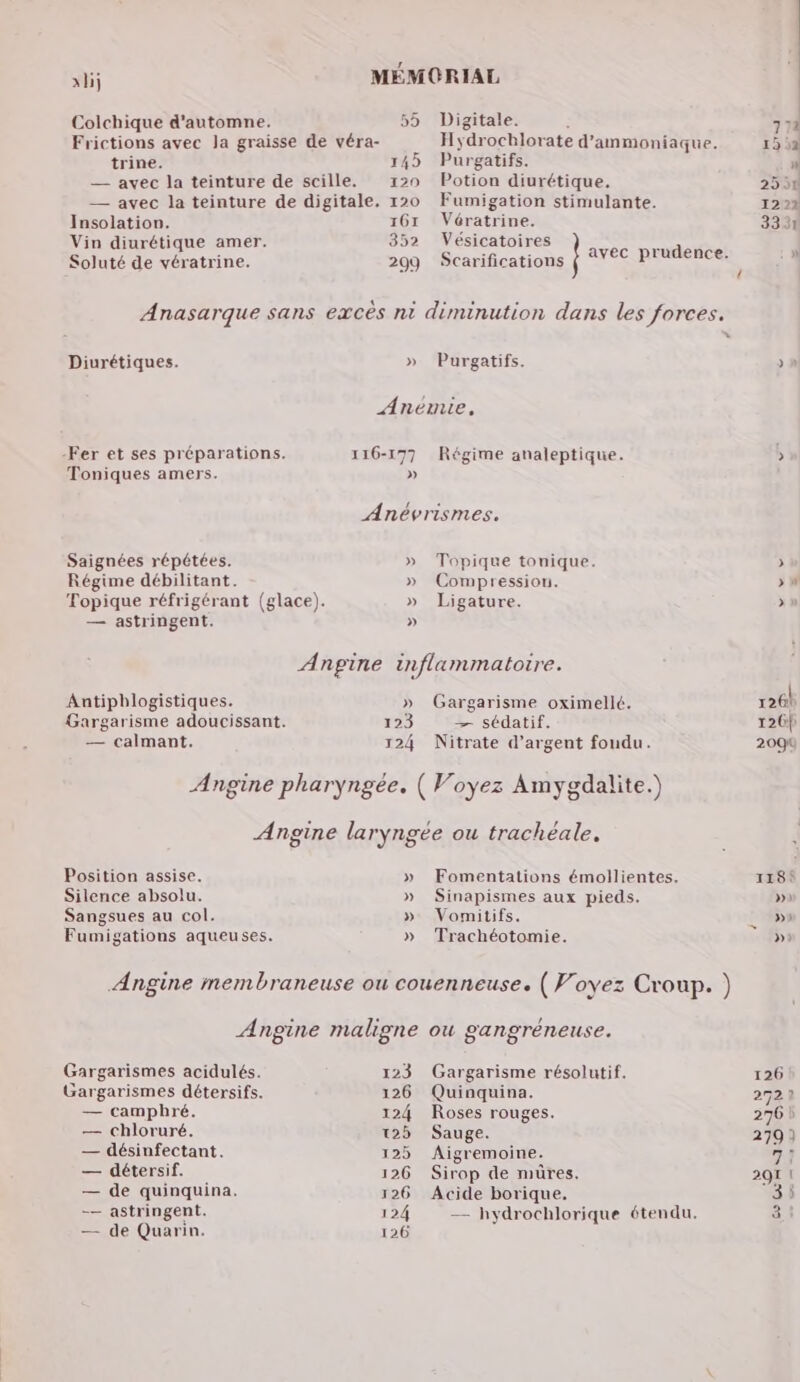 Colchique d'automne. 55 Digitale. ; Frictions avec la graisse de véra- Hydrocblorate d’ammoniaque. trine. 145 Purgatifs. — avec la teinture de scille. 120 Potion diurétique, — avec la teinture de digitale. 120 Fumigation stimulante. Insolation. 1617 Vératrine. Vin diurétique amer. 352 Vésicatoires £ Soluté de vératrine. 209 Scarifications { *VEC Prudence. Anasarque sans excès nt diminution dans les forces. Diurétiques. » Purgatifs. Anéemie, -Fer et ses préparations. 116-179 Régime analeptique. Toniques amers. » Anévrismes. Saignées répétées. » Topique tonique. Régime débilitant. » Compression. Topique réfrigérant (glace). » Ligature. — astringent. » Angine inflammatoire. Antipblogistiques. » Gargarisme oximellé. Gargarisme adoucissant. 123 — sédatif. — calmant. 124 Nitrate d'argent fondu. Angine pharyngee. ( Voyez Amygdalite.) Angine laryngee ou trachéale. Position assise. » Fomentations émollientes. Silence absolu. » Sinapismes aux pieds. Sangsues au col. » Vomitifs. Fumigations aqueuses. » Trachéotomie. Angine membraneuse ou couenneuse. ( Voyez Croup. ) Angine maligne ou gangréneuse. Gargarismes acidulés. 123 Gargarisme résolutif. Gargarismes détersifs. 126 Quinquina. — camphré. 124 Roses rouges. — chloruré. 125 Sauge. — désinfectant. 125 Aigremoine. — détersif. 126 Sirop de müres. — de quinquina. 126 Acide borique. -— astringent. 124 — hydrochlorique étendu. — de Quarin. 126 118$ DA »2 DE