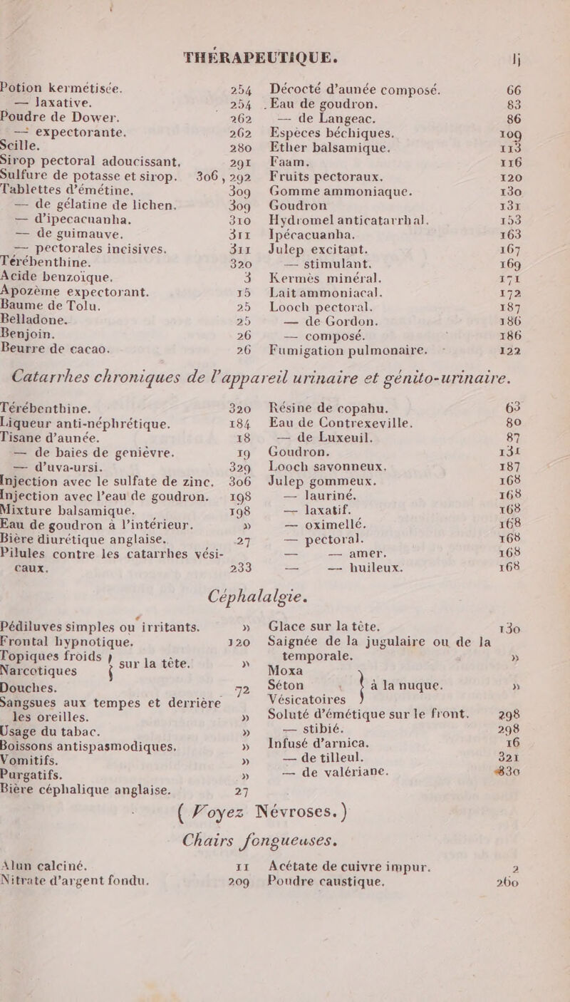 Potion kermétisce. 254 Décocté d’aunée composé. 66 _— laxative. . 254 Eau de goudron. 83 Poudre de Dower. 262 —- de Langeac. 86 — expectorante. 262 Espèces béchiques. 109 Scille. 280 Ether balsamique. 113 Sirop pectoral adoucissant, 291 Faam. xr6 Sulfure de potasse et sirop. 306,292 Fruits pectoraux. 120 Tablettes d'émétine. 309 Gomme ammoniaque. 130 — de gélatine de lichen. 309 Goudron 137 — d’ipecacuanha. 310 Hydromel anticatarrhal. 153 — de guimauve. 3117 JIpécacuanha. 163 —— pectorales incisives. 311 dJulep excitant. 167 Térébenthine. 320 — stimulant, 169 Acide benzoique, 3 Kermès minéral. yat Apozème expectorant. 35 Lait ammoniacal. 172 Baume de Tolu. 25 Looch pectoral. 187 Belladone. 25 — de Gordon. 3186 Benjoin. 26 — composé. ; 186 Beurre de cacao. 26 Fumigation pulmonaire. : 122 Catarrhes chroniques de l'appareil urinaire et génito-urinaire. Térébenthine. 320 Résine de copahu. 63 Liqueur anti-néphrétique. 184 Eau de Contrexeville. 80 Tisane d’aunée. 18 — de Luxeuil. 87 — de baies de genievre. 19 Goudron. 131 — d’uva-ursi. 329 Looch savonneux, 187 Injection avec le sulfate de zinc. 306 Julep gommeux. 168 Injection avec l’eau de goudron. 198 — lauriné. 165 Mixture balsamique. 198 — laxatif. 168 Eau de goudron à l’intérieur. » — oximellé. 168 Bière diurétique anglaise. 27 — pectoral. 168 Pilules contre les catarrhes vési- — — amer. 168 caux. 233 — — huileux. 168 Céphalalgie. Pédiluves simples ou irritants. » Glace sur la tête. 130 Frontal hypnotique. 120 Saignée de la jugulaire ou de la Topiques froids } x temporale. » Narcotiques Î HRARREE ” Moxa Douches. 72 Séton En | à la nuque. » Sangsues aux tempes et derrière Vésicatoires les oreilles. » Soluté d’'émétique sur le front. 298 Usage du tabac. » — stibié. : 298 Boissons antispasmodiques. » Infusé d’arnica. 16 Vomitifs. » — de tilleul. 321 Purgatifs. » — de valériane. 830 Bière céphalique anglaise. 27 ( Voyez Névroses.) Chairs fongueuses. Alun calciné. 11 Acétate de cuivre impur. 2