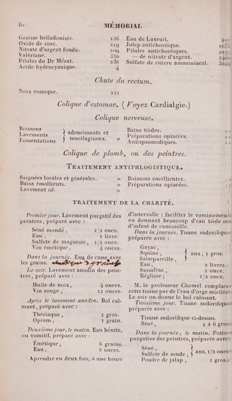 Ji Graisse belladonisée. 136 Oxide de zinc. 219 Nitrate d'argent fondu. 209 Valériane. 330 Pilules du Dr Mérat, 238 Acide hydrocyanique. 4 Eau de Luxeuil. Noix vomique. 211 82 Julep antichoréique. 165% Pilules antichoréiques. 2279 — de nitrate d’argent. 24do Sulfate de cuivre ammoniacal. 3044) Bains tièdes. >n Préparations opiacées. >» Antispasmodiques. > à Boissons : drcmense | adoucissants et Fomentations An LE So Saignées locales et générales. » Bains émollients. » Lavement id. » Boissons émollientes. ; Préparations opiacées. 1 à Premier jour. Lavement purgatif des peintres, préparé avec : Séné mondé, 1/2 once. Eau, x livre. Sulfate de magnésie, 1/2 once. Vin émétique, 4 onces. Dans la journée. Eau de casse avec les grains. afmal'gser % Le soir. Lavement anodin des pein- tres, préparé avec : 4 onces. 12 onces. Huile de noix, Vin rouge , Après le lavement anodin. Bol cal- mant, préparé avec : Thériaque, I gros. Opium, I grain. Deuxième jour, le matin. Eau bénite, ou vomitif, préparé avec : Emétique, 6 grains. Eau, 8 onces. Aprendre en deux fois, à une heure d'intervalle : faciliter le vomissemennt en donnant beaucoup d’eau tiède ot d’infusé de camomille. Dans la journée. Tisane sudorifiquae préparée avec : Gayac, Squine, ana, 1 gros. Salsepareille, Eau, 2 livres.: Sassafras , 1 once, Réglisse ; 1/2 once. M. le professeur Chomel remplacwe cette tisane par de l’eau d’orge mielléek. Le soir on donne le bol calmant. Troisième jour. Tisane sudorifiquue préparée avec : Tisane sudorifique ci-dessus. Séné, 4 à 6 grons Dans la journée, le matin. Potiont purgative des peintres, préparée avect Séné, Sulfate de soude, Poudre de jalap, ana, 1/2 oncée I grossi