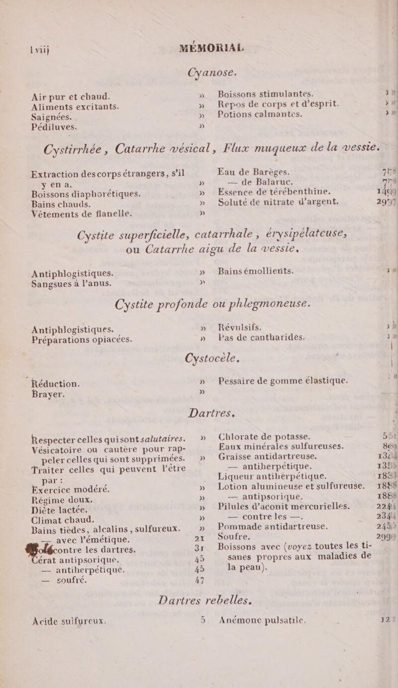 Cyanose. Boissons stimulantes. Air pur et chaud. » Repos de corps et d'esprit. Aliments excitants. » Saignées. » Potions calmantes. Pédiluves. 5 Extraction des corps étrangers, s’il Eau de Barèges. yena. » — de Balaruc. Boissons diaphorétiques. » Essence de térébenthine. Bains chauds. » Soluté de nitrate d’argent. Vêtements de flanelle. » Cystite superficielle, catarrhale , érysipélateuse, ou Catarrhe aigu de la vessie. Antiphlogistiques. » Bainsémollierits. Sangsues à l’anus. » Cystite profonde ou phlegmoneuse. Antiphlogistiques. » Révulsifs. Préparations opiacées. » Pas de cantharides. Cystocèle. | Réduction. » Pessaire de gomme élastique. Brayer. » Dartres. Cblorate de potasse. Eaux minérales sulfureuses. Graisse antidartreuse, — antiherpétique. Liqueur antiherpétique. Respecter celles quisontsalutaires. » Vésicatoire ou cautère pour rap- _ pelercelles qui sont supprimées. » Traiter celles qui peuvent l'être ar : de modéré. » Lotion alumineuse et sulfureuse, Régime doux. » — antipsorique. Diète lactée. » Pilules d’aconit mercurielles. Climat chaud. » — contre les —. Bains tièdes, alcalins, sulfureux. » Pommade antidartreuse. _— avec l’émétique. 2x Soufre, Bolécontre les dartres. 3r Boissons avec (voyez toutes les ti- érat antipsorique. 45 sanes propres aux maladies de — antiherpétique. 45 la peau). — soufré. 47 Dartres rebelles. Acide suifureux. 5 Anémone pulsatile. 758 7rù 1409 2977 LE 1834 1888 1888 2244 2344 2439 299) 122
