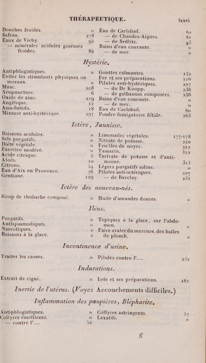 Boissons à la glace. » de plomb. Traiter les causes. » Pilules contre l..… Extrait de cigué. » lode et ses préparations. Antiphlogistiques. Collyres émollients. — contre l’….. » Collyres astringents. » Laxatifs. b8 l'A . THÉRAPEUTIQUE. Ixxvi Douches froides. » Eau de Carlsbad. 80 ‘Safran. 278 — de Chaudes-Aigues. 8x Eaux de Vichy. RO — de Sedlitz. 93 — minérales acidules gazeuses Bains d’eau courante. » à froides. 88 — de mer. » Hystérie, Antiphlogistiques. » Gouttes calmantes. 132 Eviter les stimulants physiques ou Fer et ses préparations. 116 moraux. » Pilules anti-hystériques. 227 Musc. 208 — du Dr Koopp. 238 Acupuncture. 6 — de galbanum composées. 236 Oxide de zinc. 219 Bains d’eau courante. » Angélique. 12 — de mer. » Assa-fœtida. 18 Eau de Carlsbad. 80 Mixture anti-hystérique. 197 Poudre fumigatoire fétide. 263 Ictère, Jaunisse. Boissons acidules. » Limonades végétales. 177-178 Sels purgatifs. » Nitrate de potasse. 210 Diète végétale. » Feuilles de noyer. 212 Exercice modéré. » Tamarin, 312 Acide citrique. 3 Tartrate de potasse et d’anti- Aloës. 10 moine. 313 Gitrons. 54 Légers purgatifs saline. » Eau d’Aix en Provence. 76 Pilules anti-ictériques. 227 Gentiane. 129 — de Barclay. 23T Tctère des nouveau-nés. Sirop de rhubarbe composé. » Huile d'amandes douces. » Iléus. Purgatifs. » Topiques à la glace, sur l’abdo- Antispasmodiques. » men. » Narcotiques. » Faire avaler du mercure, des balles 232 16€ LA 57 »