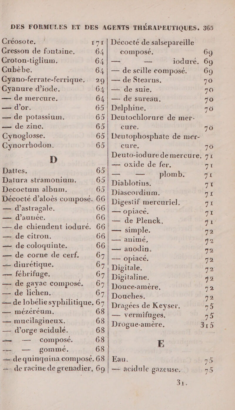 Créosote. Croton-tiglium. Cubèbe. Cyanure d’iode. — de mercure. — d’or. — de potassium, — de zinc. Cynoglosse. Cynorrhodon. D Dattes. Decoctum album. — d’astragale. — d’auuée. — de citron. — de coloquinte. = diurétique. — fébrifuge. — de lichen.. — mézéréum, — mucilagineux, — d'orge acidule. , composé. gommé. im composé. — de Stearns. — de suie, — dé sureau. Delphine. cure. cure. — oxide de fer. Diablotins. Diascordium. — opiacé. — de Plenck. — simple. — animé, —— anodin, —— opiacé. Digitale. Digitaline. Douce-amère, Douches. — vermifuges. Drogue-amère. E Eau,