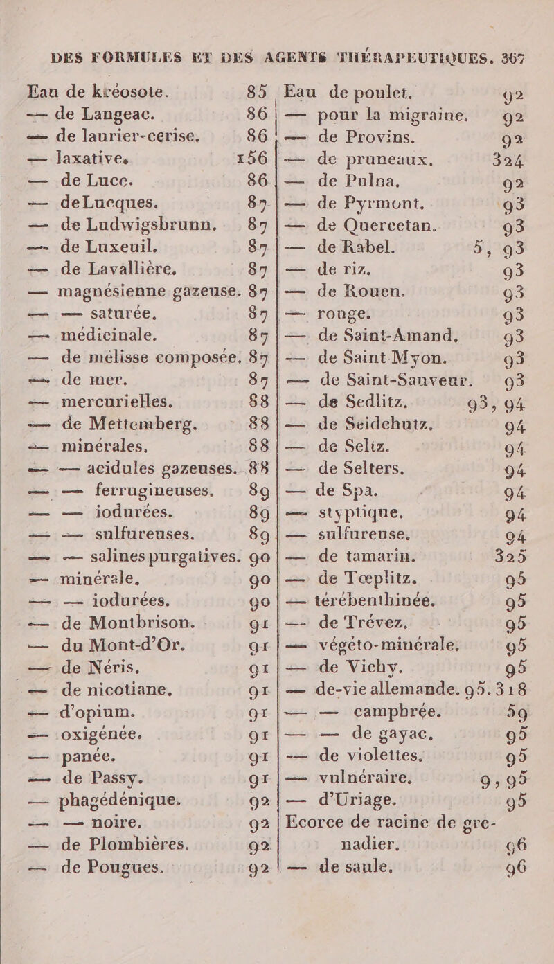 DES FORMULES ET Eau de kréosote. 85 Eau de poulet. 92 — de Langeac. 86 | — pour la migraine. 92 — de laurier-cerise. 86 ,— de Provins. 92 — laxative. 156 |-— de pruneaux, 324 — de Luce. 86|— de Pulna. 92 — deLucques. 87 |— de Pyrmont. 93 — de Ludwigsbrunn.. 87 |— de Quercetan. 93 _— de Luxeuil. 87|— de Rabel. 5, 93 — de Lavallière, 87 | — de riz. 93 — magnésienne gazeuse. 85 |-— de Rouen. 63 — — saturée, 87|— rouge. 93 — médicinale. 87|— de Saint-Amand. 93 — de mélisse composée, 87 | — de Saint Myon. 93 — de mer. 87|— de Saint-Sauveur. 93 — mercurielles. 88 |— de Sedlitz. 93, 94 — de Mettemberg. 88|— de Seidehutz. 94 — minérales, 88|— de Seliz. 94 — — acidules gazeuses. 88 | — de Selters. 94 — — ferrugineuses. 89 |— de Spa. 94 — — iodurées. 89|— styptique. 94 — — sulfureuses. 89|— sulfureuse. 04 — — salines purgaiives. 90 |— de tamarin. 325 —- minérale, go |— de Tœpiitz,. 05 — — iodurées. 90 | — térébenthinée. 95 — de Montbrison. 91 |—- de Trévez. 95 — du Mont-d'Or. gr |—— végéto-minérale. 95 — de Néris. g1|— de Vichy. 95 — de nicotiane. og1 | — de-vie allemande. 95.318 — d’'opium. g1|— — camphrée. 59 —— oxigénée, g1|— — de gayac, 95 — panée. 91 |-— de violettes. 95 — de Passy. gr |—— vulnéraire, 9 » 99 — phagédénique. 92|— d’Uriage. 9 — — noire, 92 | Ecorce de racine de gre- — de Plombiéres, 92 nadier, G6 — de Pouguües, 92 | — de saule. 96