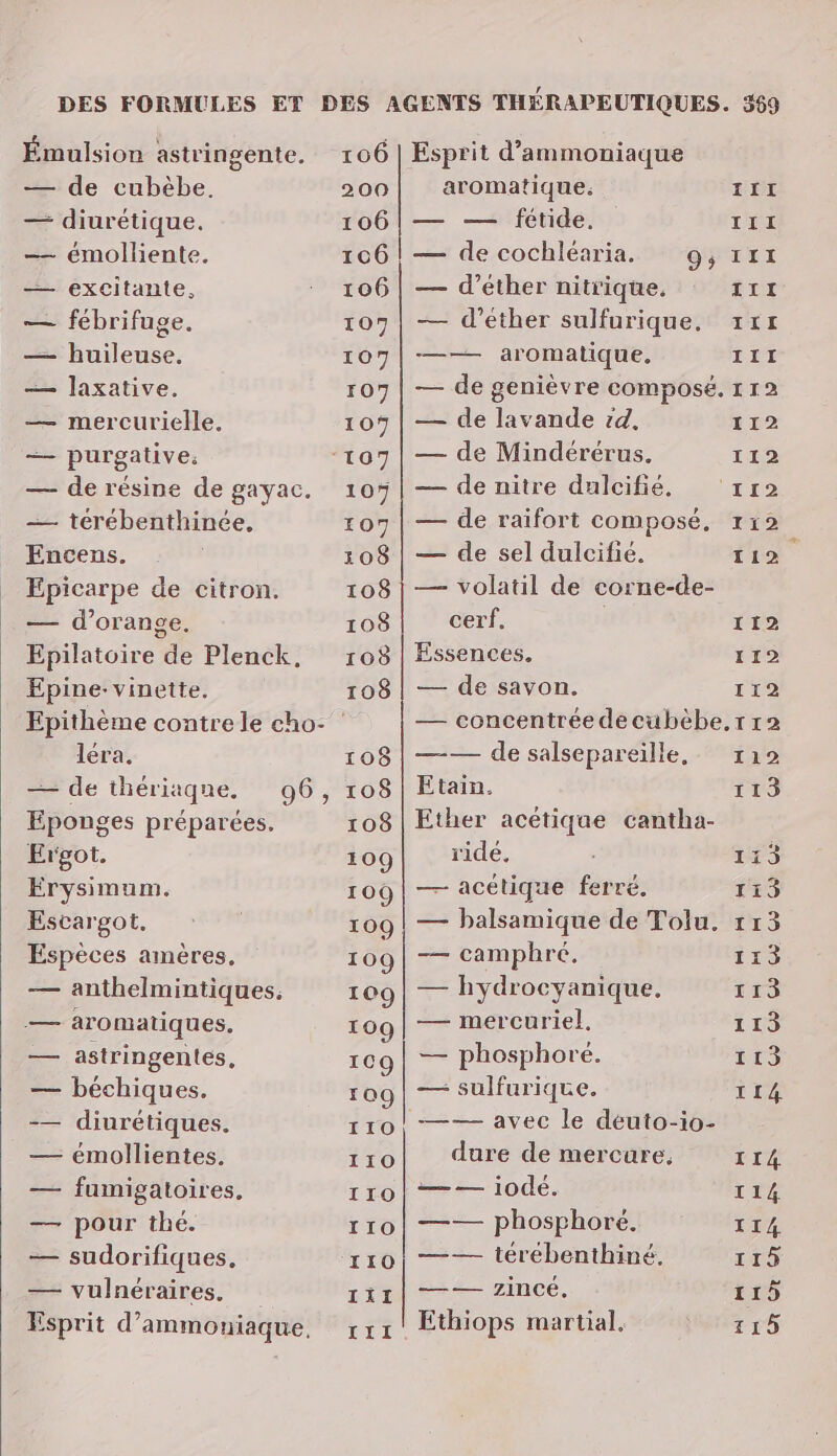 Émulsion astringente. 106 | Esprit d’ammoniaque — de cubèbe. 200 | aromatique: III — diurétique. 106|— — fétide,. Till —— émolliente. 106! — de cochléaria. 9, 114 — excitante, - 106 | — d’éther nitrique, Tir — fébrifuge. 107 | — d’ether sulfurique, xr1 — huileuse. TOP aromatique. III — laxative. r07 | — de genièvre composé. 112 — mercurielle. 107 | — de lavande rd, 112 Es purgative: Ton de Mindérérus. 112 es de résine de gayac. 107 = de nitre dulcifie. Tr2 —— térébenthinée. 107|— de raifort composé, 112 Encens. 108 | — de sel dulcifié. 112 Epicarpe de citron. 108 | — volatil de corne-de- — d'orange. 108 cerf. | 112 Epilatoire de Plenck, 108 | Essences. 112 Epine-vinette. 108 | — de savon. 112 Epithème contrele cho- — concentrée decubèbe, 1 r2 léra. 108 | —— de salsepareille, 112 — de thériaque. 96, 108 | Etain. Tr9 Eponges préparées. 108 | Ether acétique cantha- Ergot. 109 ride. * DES Erysimum. 109 | — acétique ferré. 113 Pscargot, :°VM 109 | — balsamique de Tolu. 113 Espèces amères. 109 | camphré. 113 se anthelmintiques. “) = hydrocyanique. 113 ee aromatiques, 109| — mercuriel. 113 — astringentes, ei — phosphoré. 113 Le béchiques. 109| — sulfurique. 114 -— diurétiques. 110) —— avec le deuto-io- — émollientes. Po dure de mercare. 114 — faumigatoires, 1r0| ——iodé. t14 — pour thé. 110! —— phosphoré. T14 — sudorifiques, x10! —— térébenthiné. 115 — vulnéraires, 111| —— Zincé. 115 Esprit d’ammoniaque. rx1! Ethiops martial. 115