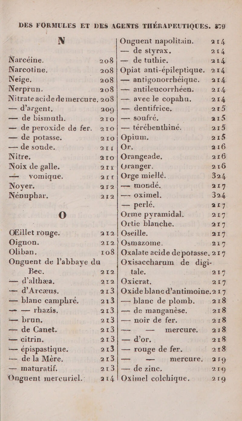 N Narcéine. 208 Narcotine, 208 Neige. _ 208 Nerprun. 208 Nitrate acide demercure, 208 — d'argent. 209 — de bismuth. 210 — de peroxide de fer. 210 — de potasse. 210 — de soude. LE Nitre. 210 Noix de galle. 21: — vomique. a1£ Noyer. 212 Néouphar. 212 CO OEillet rouge. a12 Oignon. T2 Oliban. 108 Onguent de l’abbaye du Bec. 212 — d’althæa. 219 -— d'Arcæus. 213 — blanc camphré. 213 — — rhazis, 213 =— brun, 213 — de Canet. 213 — Citrin. 213 — épispastique. 213 :— de la Mère. 213 — maturatif, 213 Onguent mereuriel.: 214 qe ne A Onguent napolitain. — de styrax. — de tuthie. Opiat anti-épileptique. — antigonorrhéique. — antileucorrhéen. — avec le copahu. — dentifrice, — soufre, — térébenthiné. Opium. Or. Orangeade, Granger. Orge miellé. — r10ndé. —- oximel, — perlé. Orme pyramidal. Ortie blanche. Oseille. Osmzazome, Oxalate acide de potasse. Oxisaccharum de digi- tale. Oxicrat. Oxide blanc d’antimoine. — blanc de plomb. — de manganèse, — noir de fer. —— —— mercure, — d’or. — rouge de fer. = — mercure, — de zinc. Oximel colchique. 214 214 214 214 214 214 214 215 215 215 215 216 216 216 324 217 324 217 217 217 217 217 317 217 217 217 218 218 218 218 213 218 219 21G 219
