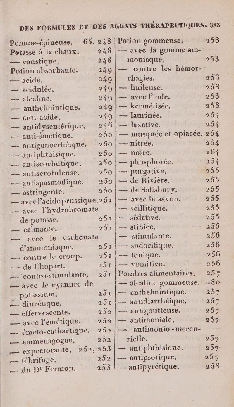 Pomme-épineuse. ‘Potasse à la chaux. — caustique. Potion absorbante. — acide. — acidulée, — alcaline. — anthelmintique. — anti-acide. — anti-émétique. 248 moniaque. 249| rhagies. 249 | — hüileuse. 249 | — avec l’iode, 249 | — kermétisée. 249 | — laurinée, 246 | — laxative. — autiphthisique. — antiscorbutique, — antiscrofulense. — astringente. — nitrée. 250 | — noire. _a50 | — phosphorée. 250 | — purgative. 250 | — de Rivière. 250 | — de Salisbury. de potasse. — çcalman'’e. 251 297 d’ammoniaque. — de Chopart. 251 251 291 — avec le cyanure é potassium. — diurétique. — effervescente. — avec l’émétique. de 251 291 252 252 — emménagogue. 252 — fébrifuge. 2592 253 — avec le savon. — scillitique. — sédative. — stibiée. — suümulante. — sudorifique. —— tonique. — vomitive. — anthelmintique. — antidiarrhéique. — antigoutteuse. — antimoniaie, rielle. — antiphthisique. — antipsorique. _- antipyrétique, 253 253 255 236 256 280 257 258