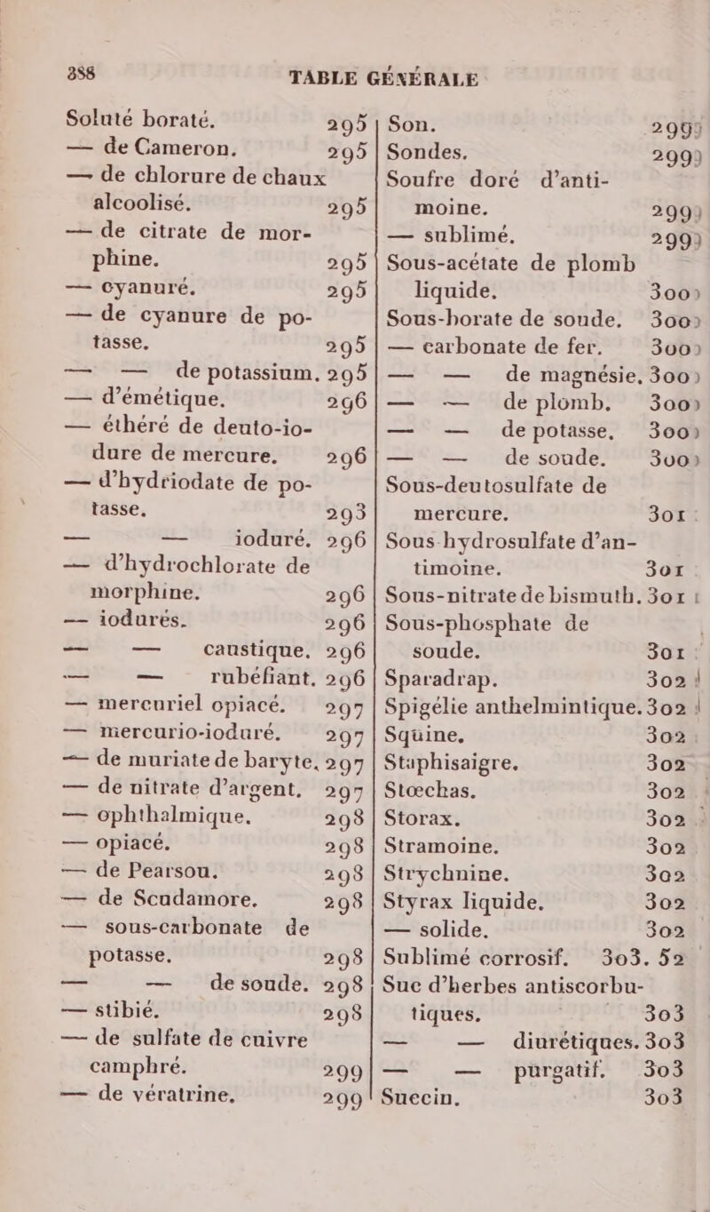 Solute boraté. — de Cameron. — de chlorure de chaux alcoolisé. — de citrate de mor- phine. — cyanuré. — de cyanure de po- tasse. 205 295 2095 295 295 295 de potassium, 205 — d’émétique. 296 — éthéré de deuto-io- sn dure de mercure. 296 — d’'hydriodate de po- tasse, 293 — — ioduré. 296 — d’hydrochlorate de morphine. 296 — iodurés. 296 0— Mcatitique 06 = r'ÜbCHAT 200 — mercuriel opiacé. 297 — Mmercurio-ioduré. 297 — de muriate de baryte, 297 — de nitrate d'argent, 297 — Ophth2lmique. 2938 — opiacé. 2098 — de Pearsou. 2098 — de Scadamore. 298 — sous-Carbonate de potasse. 298 — — desoude. 298 — stibié. 298 — de sulfate de cuivre camphré. 299 — de vératrine, 299 Son. 2991 Sondes. 299) Soufre doré d’anti- moine. 299) — sublimé. 299) Sous-acétate de plomb liquide. 300) Sous-horate de soude, 300 — carbonate de fer. 300) de magnésie, 300) — — deplomb. 300) — — depotasse, 300) — — de soude, 300) Sous-deutosulfate de mercure. 301 Sous-hydrosulfate d’an- timoine. 307 Sous-nitrate de bismuth. 3o7r 1 Sous-phosphate de | soude. 3ort Sparadrap. 3021 Spigélie anthelmintique. 302 | Sqüine, 302 Staphisaigre. 302 Stœchas. 302 Storax. 302 Stramoine. 302 Strychnire. 3a2 Styrax liquide, 302 — solide. 302 Sublimé corrosif. 303. 52. Suc d'herbes antiscorbu- tiques. 303 — — diurétiques. 303 — — purgatif, 303 Suecin. 303