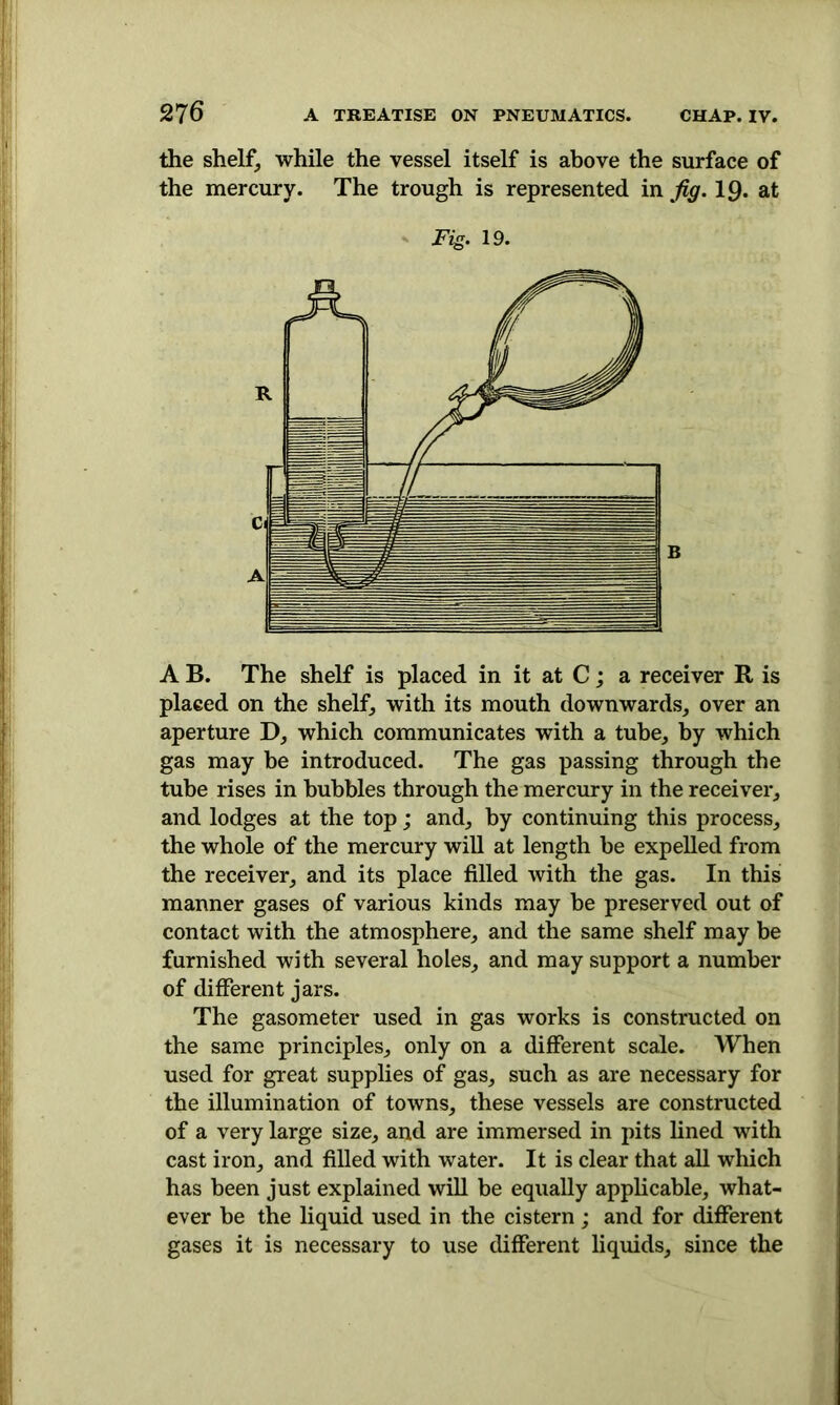 the shelf, while the vessel itself is above the surface of the mercury. The trough is represented in fig. 19. at Fig. 19. B A B. The shelf is placed in it at C; a receiver R is placed on the shelf, with its mouth downwards, over an aperture D, which communicates with a tube, by which gas may be introduced. The gas passing through the tube rises in hubbies through the mercury in the receiver, and lodges at the top; and, by continuing this process, the whole of the mercury will at length be expelled from the receiver, and its place filled with the gas. In this manner gases of various kinds may be preserved out of contact with the atmosphere, and the same shelf may be furnished with several holes, and may support a number of different jars. The gasometer used in gas works is constructed on the same principles, only on a different scale. When used for great supplies of gas, such as are necessary for the illumination of towns, these vessels are constructed of a very large size, and are immersed in pits fined with cast iron, and filled with water. It is clear that all which has been just explained will be equally applicable, what- ever be the liquid used in the cistern ; and for different gases it is necessary to use different liquids, since the