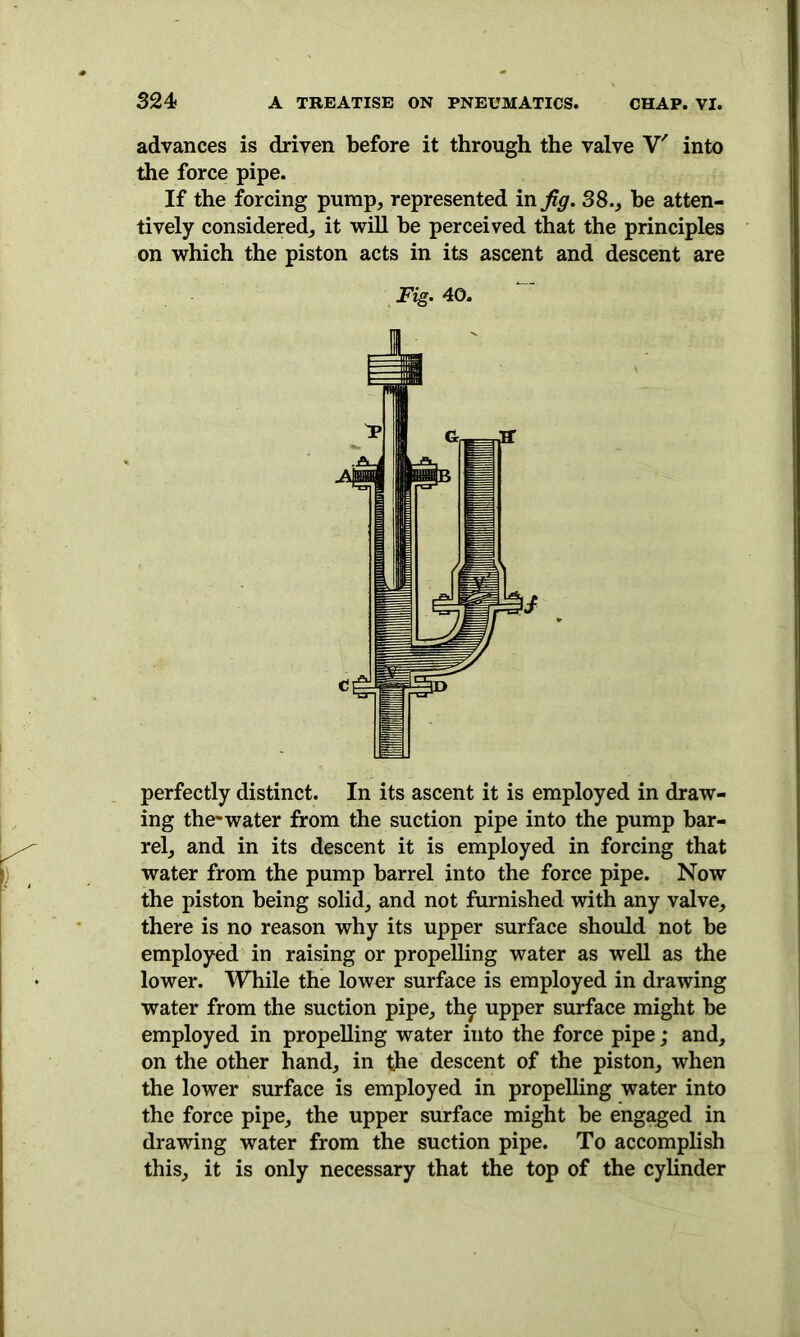 advances is driven before it through the valve V' into the force pipe. If the forcing pump, represented in Jig. 38., be atten- tively considered, it will be perceived that the principles on which the piston acts in its ascent and descent are Fig. 40. perfectly distinct. In its ascent it is employed in draw- ing the-water from the suction pipe into the pump bar- rel, and in its descent it is employed in forcing that water from the pump barrel into the force pipe. Now the piston being solid, and not furnished with any valve, there is no reason why its upper surface should not be employed in raising or propelling water as well as the lower. While the lower surface is employed in drawing water from the suction pipe, th^ upper surface might be employed in propelling water into the force pipe; and, on the other hand, in the descent of the piston, when the lower surface is employed in propelling water into the force pipe, the upper surface might be engaged in drawing water from the suction pipe. To accomplish this, it is only necessary that the top of the cylinder