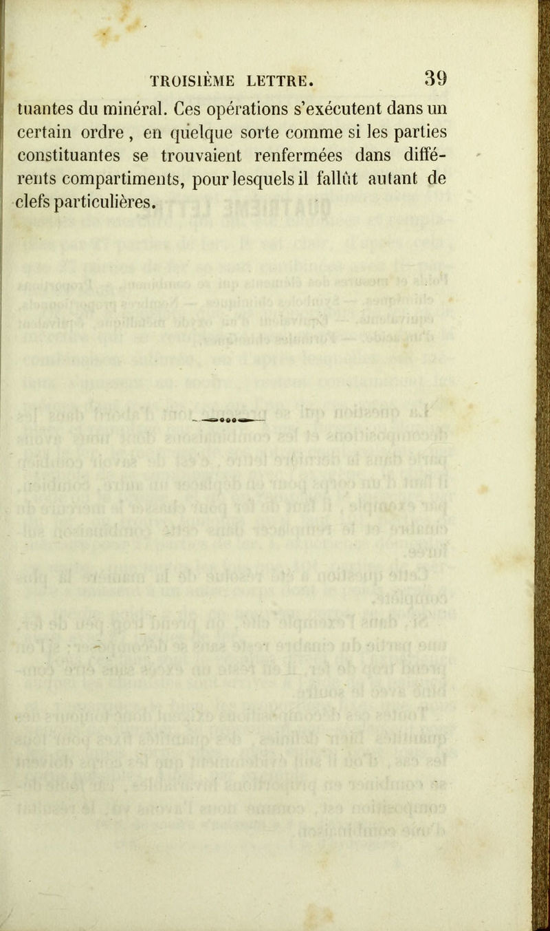 tuantes du minéral. Ces opérations s’exécutent dans un certain ordre , en quelque sorte comme si les parties constituantes se trouvaient renfermées dans diffé- rents compartiments, pour lesquels il fallût autant de clefs particulières.