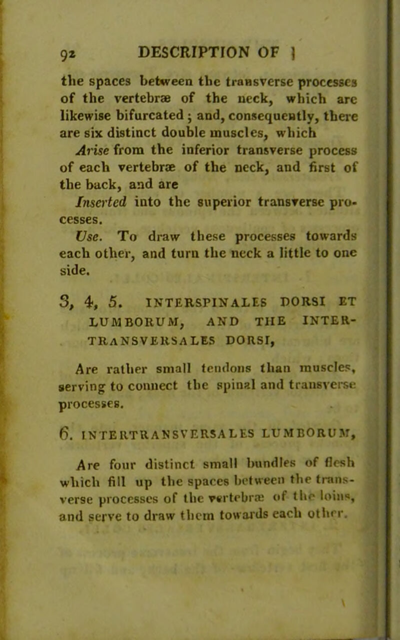 tlie spaces between the transverse processes of the vertebrae of the neck, which arc likewise bifurcated; and, consequently, there are six distinct double muscles, which Ai •ise from the inferior transverse process of each vertebrae of the neck, and first of the back, and are Inserted into the superior transverse pro- cesses. Use. To draw these processes towards each other, and turn the neck a little to one side. 3, 4, 5. INTERSPINALES DORSI ET LUMBORUM, AND TIIE INTER- TRANSVEUSALES DORSI, Are rather small tendons than muscles, serving to connect the spinal and transverse processes. 6. INTERTRANSVERSALES LUMBORUM, Are four distinct small bundles of flesh which fill up the spaces between the trans- verse processes of the vertebra: of the loins, and serve to draw them towards each other.