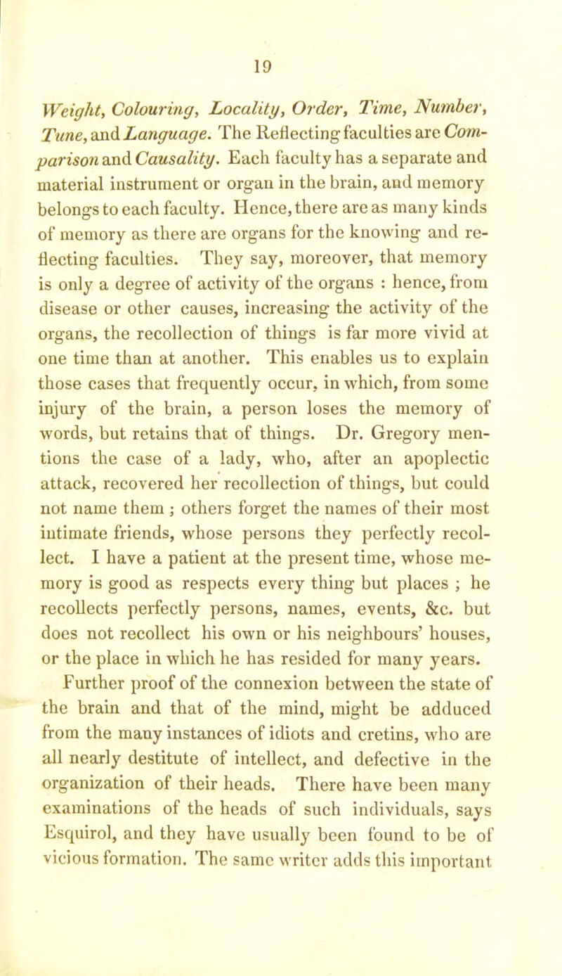 Weight, Colouring, Locality, Order, Time, Number, Tune, and Language. The Reflecting faculties arc Com- parison and Causality. Each faculty has a separate and material instrument or organ in the brain, and memory belongs to each faculty. Hence, there are as many kinds of memory as there are organs for the knowing and re- flecting faculties. They say, moreover, that memory is only a degree of activity of the organs : hence, from disease or other causes, increasing the activity of the organs, the recollection of things is far more vivid at one time than at another. This enables us to explain those cases that frequently occur, in which, from some injury of the brain, a person loses the memory of words, but retains that of things. Dr. Gregory men- tions the case of a lady, who, after an apoplectic attack, recovered her recollection of things, but could not name them ; others forget the names of their most intimate friends, whose persons they perfectly recol- lect. I have a patient at the present time, whose me- mory is good as respects every thing but places ; he recollects perfectly persons, names, events, &c. but does not recollect his own or his neighbours’ houses, or the place in which he has resided for many years. Further proof of the connexion between the state of the brain and that of the mind, might be adduced from the many instances of idiots and cretins, who are all nearly destitute of intellect, and defective in the organization of their heads. There have been many examinations of the heads of such individuals, says Esquirol, and they have usually been found to be of vicious formation. The same writer adds this important