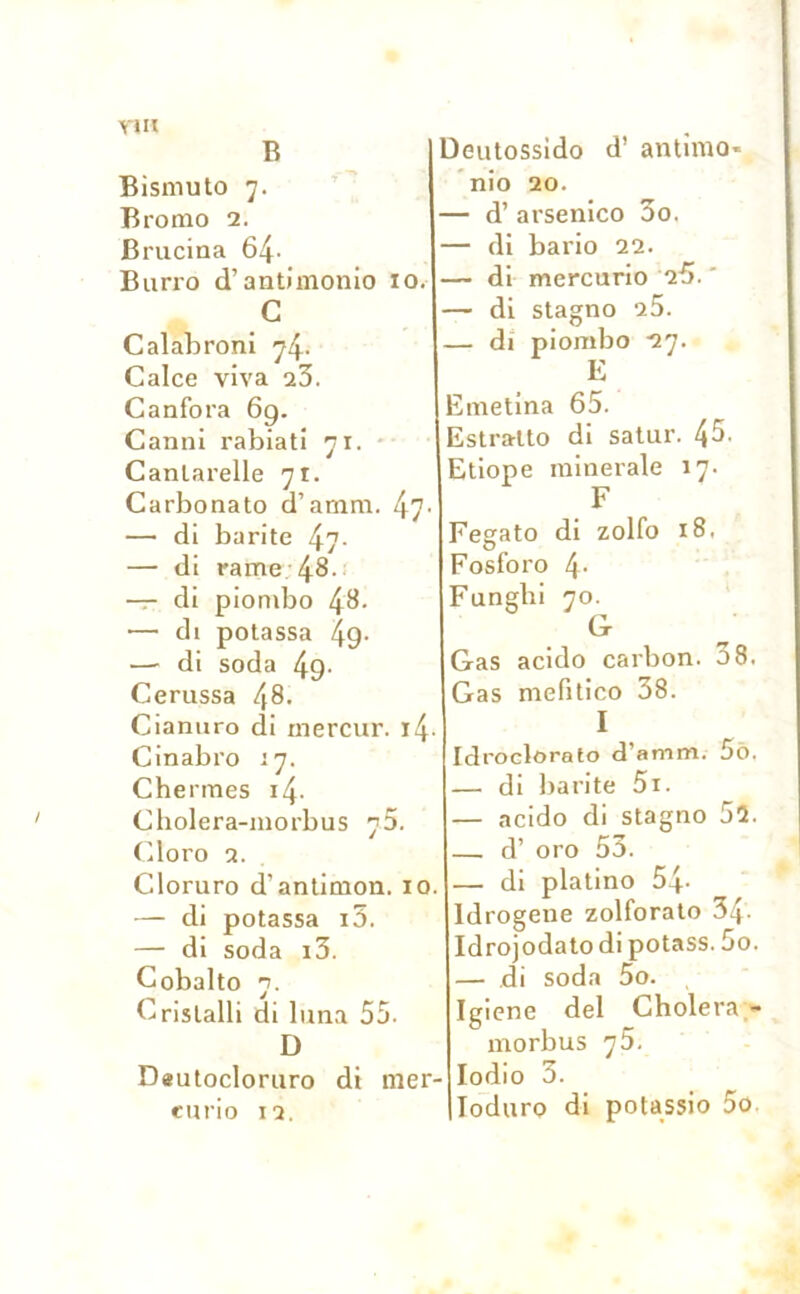 B Bismuto 7. Bromo 2. Brucina 64- Burro d’antimonio io. Deutossido d! antimo» nio 20. — d’ arsenico 3o, — di bario 22. — di mercurio 25. ' C Calabroni 74. Calce viva 23. Canfora 6g. Canni rabiati 71. - Cantarelle 71. Carbonato d’amm. !\rj. — di barite 47- — di rame; 48.. — di piombo 48- — di potassa 49- —• di soda 49- Cerussa /\8. Cianuro di rnercur. i4- Cinabro 17. Chermes i4- Cholera-morbus 7D. Cloro 2. Cloruro d'antimon. io. — di potassa io. — di soda i3. Cobalto 7. Cristalli di luna 55. D Deutocloruro di mer- curio 12. — di stagno a5. — di piombo 27. E Smetina 65. Estratto di satur. 45- Etiope minerale 17. F Fegato di zolfo 18. Fosforo 4- Funghi 70. (jr Gas acido carbon. 38. Gas mefitico 38. I Idroclorato d’amm. 5o. — di barite 5i. — acido di stagno 52. — d’ oro 53. — di platino 54- ldrogene zolforato 34- Idrojodato di potass. 5o. — di soda 5o. Igiene del Cholera - morbus 75. Iodio 3. Ioduro di potassio 5o.