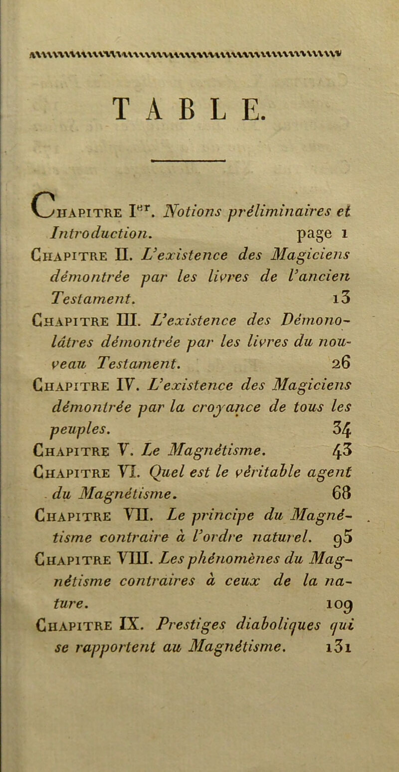 TABLE. O^HAPiTRE P*. Notions préliminaires et Introduction. i Chapitre U. L’existence des Magiciens démontrée par les livres de Vancien Testament. i3 Chapitre m. U existence des Démono- lâtres démontrée par les livres du nou- veau Testament. 26 Chapitre IV. L’existence des Magiciens démontrée par la crojance de tous les peuples. 34 Chapitre V. Le Magnétisme. 4^ Chapitre VI. Quel est le véritable agent du Magnétisme. 68 Chapitre VII. Le principe du Magné- tisme contraire à l’ordre naturel. 95 Chapitre VIII. Les phénomènes du Mag- nétisme contraires à ceux de la na- ture. 109 Chapitre IX. Prestiges diaholicjues qui se rapportent au Magnétisme. i3i