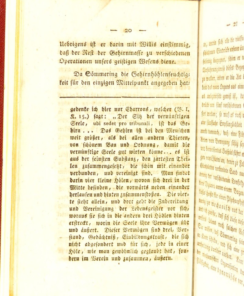 UcOcigen^ i(l cc bavin niit clnfciminig, ba0 bee Siefi ber ©e^irtiniaffe ju vcrfd)icbencn Operatlonen unfecJ5 geiftigen SBcfcn^ bienv. ®a ©Snimering bie Gc^irn^6^(cnfeihtti9« f«it fur ben cinjigen 93iiitclpunft angegeben \)<xU gebenfe icb bUt nur gb«rron^/ meicber (55. r. ^.15.) fd0t: „2)er gilj her rernutihiflen ©eelCf ubi sedet pro tribunali, t(V b«0 @es lirn . .. ®a0 ®ebtrn tjl bei ben 55?eiifcben roeit grower / ali bet alien anbern Zl)ieteia, VON febonem 53au unb Drbnung, bainit bie vetnnnftifle Seele gut tnirten foiine... ei i(t au0 ber fetnflen ©ubflanj, ben iartejlen iftet* len jufammengefeljt/ bie febon mit einanbet verbunben, unb oereinigt finb. 9Kan finbet barin vier Heine j^olen; luooon ftcb brei in ber SKitte beftnben, bie norirdrtg neben etnauber berlanfen unb btnfen iufammcnjlopen. 2)ie »ier= te ftebt alleiii/ unb borf gebt bie unb Qjfereinigung ber 2cben0gei|ler tior ftdv woraug fie ftcb in bie anbern brei >;'5&len binten erjtrectt/ morin bie ©ecle ibre 5Serui6gen libt unb ttufert. ©iefer a>ertn5gcn finb brei, 55ers ' ftanb, ®ebd(btni^, (SinbilonngbCraft, bie fic^ niebt abgefonbert nub fiir ficp, jebe in eiuer ^blc, n)te man gcirobnlid) gcglaubt bnt, fons bern im ^55erein unb jufammen/ dupern. ji tpcllf:, into (t iii< I ltitWr*!)tjiiii<aai «'a»i ti tcf<;K:|fli 5(iri|! ifi, tj| tdit ria filnf MtfdlirttiKii I ««I'lisf'Mf Jinpfinjlidittit