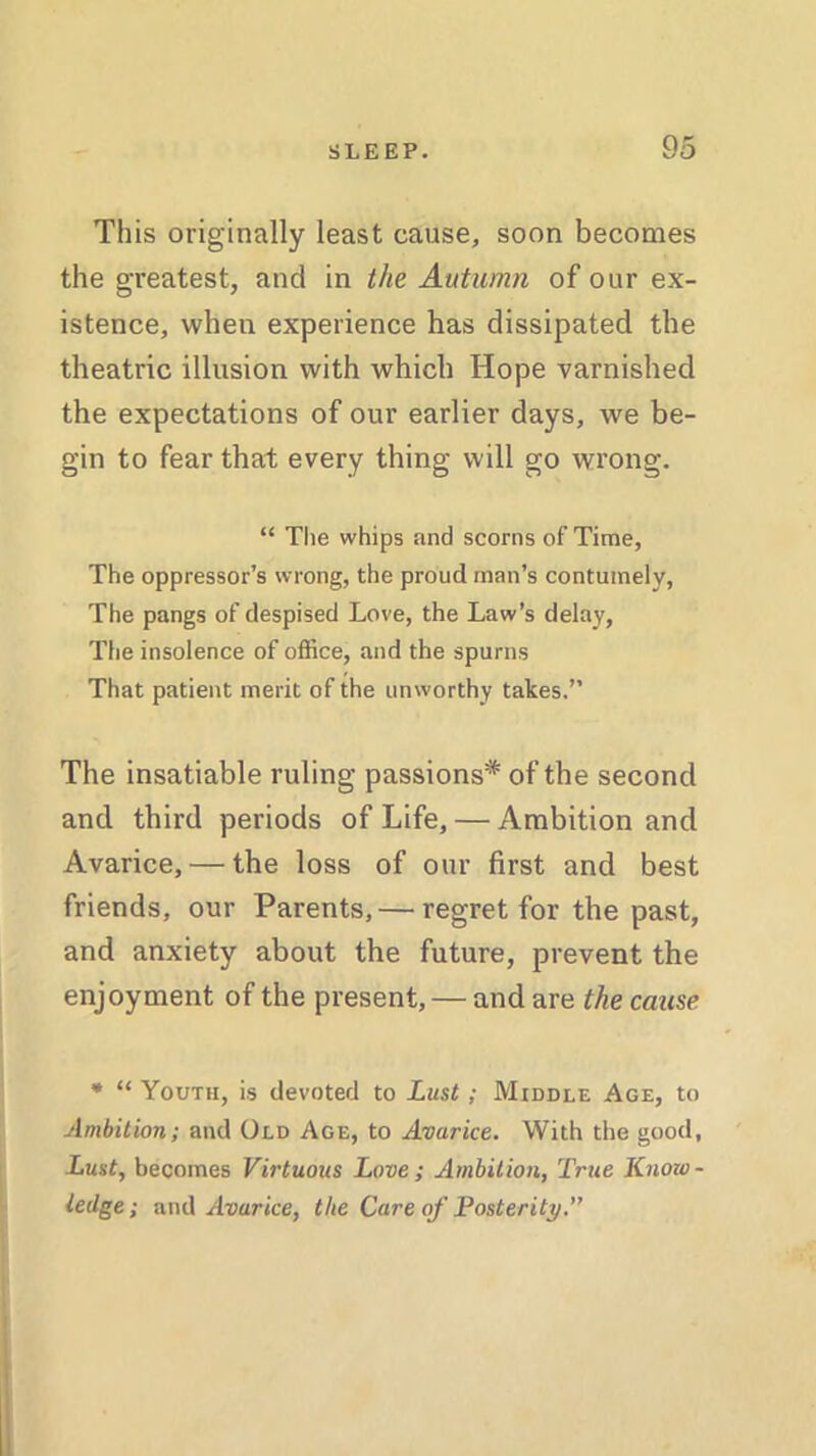This originally least cause, soon becomes the greatest, and in the Autumn of our ex- istence, when experience has dissipated the theatric illusion with which Hope varnished the expectations of our earlier days, we be- gin to fear that every thing will go wrong. “ The whips and scorns of Time, The oppressor’s wrong, the proud man’s contumely, The pangs of despised Love, the Law’s delay, The insolence of office, and the spurns That patient merit of the unworthy takes.” The insatiable ruling passions* of the second and third periods of Life, — Ambition and Avarice, — the loss of our first and best friends, our Parents,— regret for the past, and anxiety about the future, prevent the enjoyment of the present, — and are the cause * “ Youth, is devoted to Lust; Middle Age, to Ambition; and Old Age, to Avarice. With the good, Lust, becomes Virtuous Love; Ambition, True Know- ledge ; and Avarice, the Care of Posterity.”