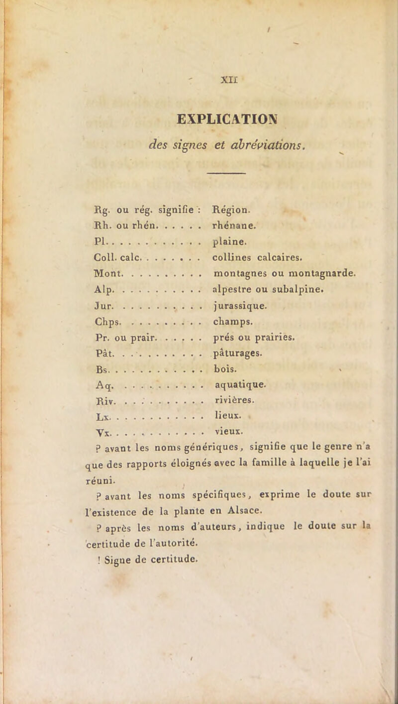 / XII EXPLICATION des signes et abréviations. Rg. ou rég. signifie : Région. Rh. ou rhén rhénane. PI plaine. Coll, cale collines calcaires. Mont montagnes ou montagnarde. Alp alpestre ou subalpine. Jur jurassique. Chps champs. Pr. ou prair prés ou prairies. Pât. . pâturages. Bs bois. Aq aquatique. Riv. rivières. Lx lieux. yx vieux. ? avant les noms génériques, signifie que le genre n’a que des rapports éloignés avec la famille à laquelle je l’ai réuni. Pavant les noms spécifiques, exprime le doute sur l’existence de la plante en Alsace. P après les noms d'auteurs, indique le doute sur la certitude de l’autorité. ! Sigue de certitude.