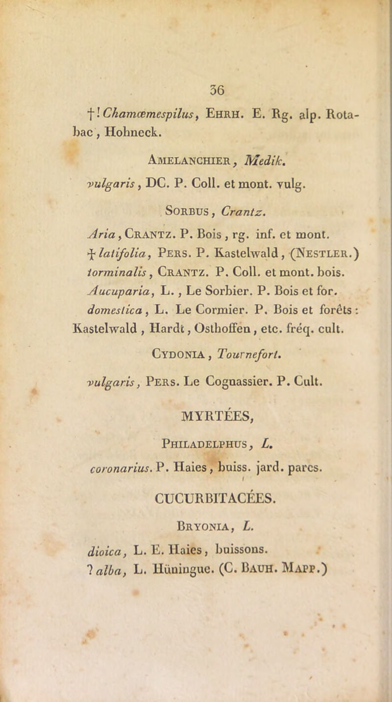 f! Chamcemespilus, Ehrh. E. Rg. alp. Rota- bac, Hohueck. Amelanchier, Médite, vulgaris, DC. P. Coll, et mont. vulg. Sorbus, Crantz. Aria, Crantz. P. Bois, rg. inf. et mont. •J* lalifolia, Pers. P. Kastehvald, (Nestler.) iorminalis, Crantz. P. Coll, et mont. bois. Aucuparia, L., Le Sorbier. P. Bois et for. domesiica, L. Le Cormier. P. Bois et forêts : Kastelwald , Harde, Osthoffen, etc. fréq. cuit. Cydonia , Tourneforl. vulgaris, Pers. Le Cognassier. P. Cuit. MYRTÉES, Philadelphus, L. coronarius. P. Haies, buiss. jard. parcs. I CUCURBITACÉES. Bryonia, L. dioica, L. E. Haies, buissons. lalba, L. Hüniugue. (C. Bauh. Mapp.)