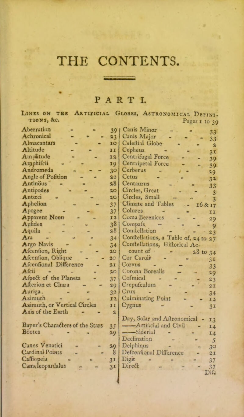THE CONTENTS. PART I. Lines on the Artieiciai. Globes, Astronomical Defini- tions, &c. Aberration - “39 Achronical - « - aj Altnacantars - - lo Altitude - - II Amplitude - - 12 Atnphifcii - ' - 19 Andromeda - - - 30 Angle of PoGtion - - 22 Antinous' - - 28 Antipodes - - 20 Antctci - - 20 Aphelion - - 37 Apogee - - 37 Apparent Noon - - 12 Apfides - - 38 Aquila - . 28 Ara - - . 34 Argo Navis - - 34 Afci-nfion, Right - - 20 Afcenfion, Oblique - - 2C AfcenGunal Difference - 21 Afcii - - - 20 Afpeft of the Planets - 37 Afterion et Chaia - - 29 Auriga. - - 32 Azimuth - - 12 Azimuth, or Vertical Circles 11 Axis of the Earth - • 2 Bayer’s Charafters of the Stars 35 Bootes - . 29 Canes Venatici - - 29 Cardinal Poims - - 8 Caffinpei.1 . 31 Cameieopardalus . . 31 Canis Minor Canis Major Celellial Globe Cepheus Centrifugal Force Centripetal Force Cerberus Cetus Centaurus Circles, Great Circles, Small Climate and Tables Colures Coma Berenices Compafs — Conilellation Conftellations, a Table of, 24 to 27 Conllellatious, Hillorical Ac- count of - 28 to 34 31 33 - 29 - 23 t - 21 34 - - 12 31 Pages I to 39 33 - 33 “ 2 31 - 39 - 39 29 32 33 3 3 - 16&17 - II 29 9 ' 23 Cor Caroli Corvus - — Corona Borealis — Cofmic.ll - - Crepufculum - - ’ Crux Culminating Point Cygnus Day, Solar and AGronomical ^Anil.cial <ind Civil bideri.il Declination Delphinus Defcenfional Difference Digit - Direct - - ■ 13 14 14 5 30 21 37 37 Dili: