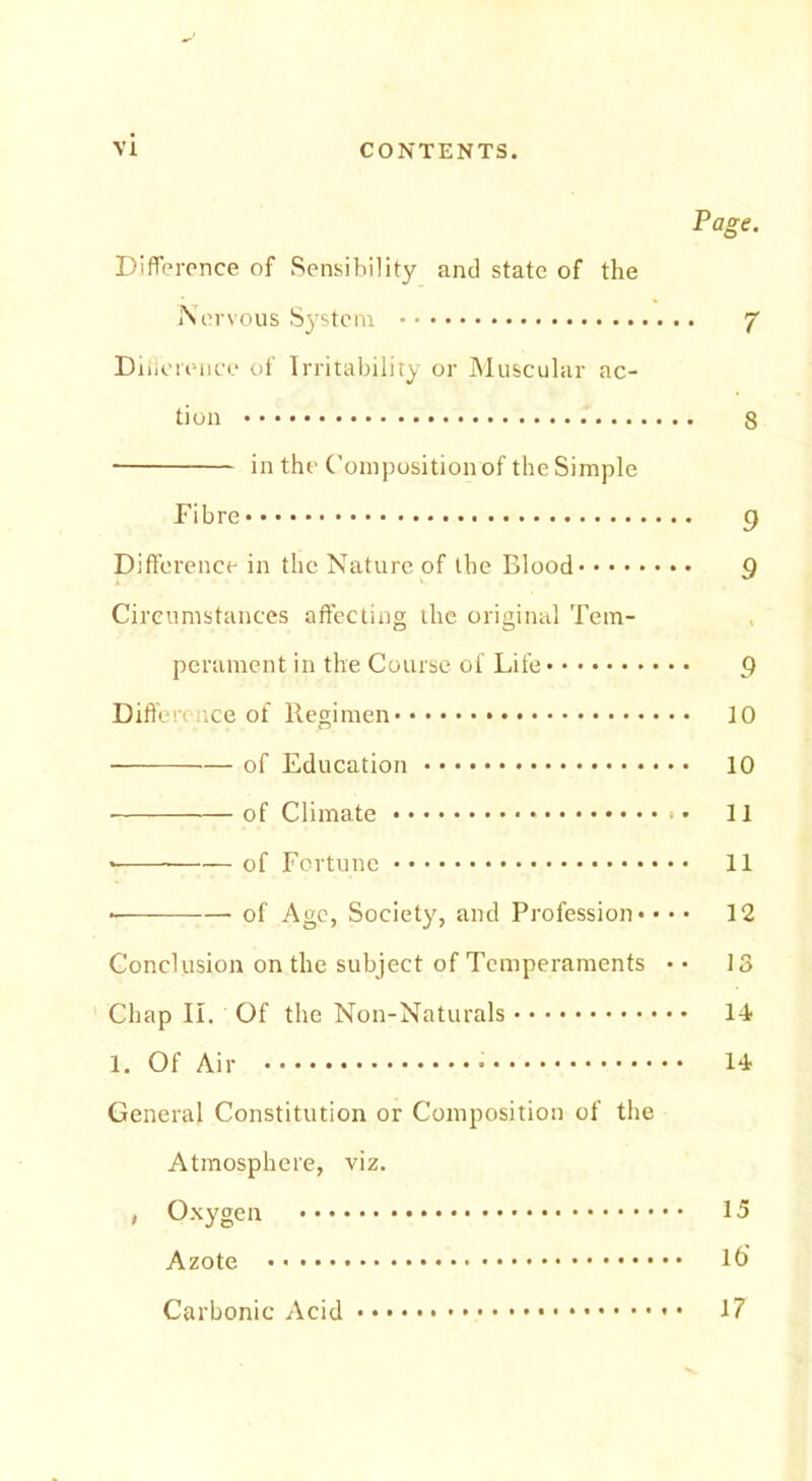 Page. Difference of Sensibility and state of the Nervous System 7 Dilierence of Irritability or Muscular ac- tion g in the Composition of the Simple Fibre 9 Difference in the Nature of the Blood 9 Circumstances affecting the original Tem- perament in the Course of Life 9 Difference of Regimen 10 of Education 10 of Climate 11 * of Fortune 11 • of Age, Society, and Profession* • • • 12 Conclusion on the subject of Temperaments •• 13 Chap II. Of the Non-Naturals 14 1. Of Air 14 General Constitution or Composition of the Atmosphere, viz. , Oxygen 15 Azote 16' Carbonic Acid 17