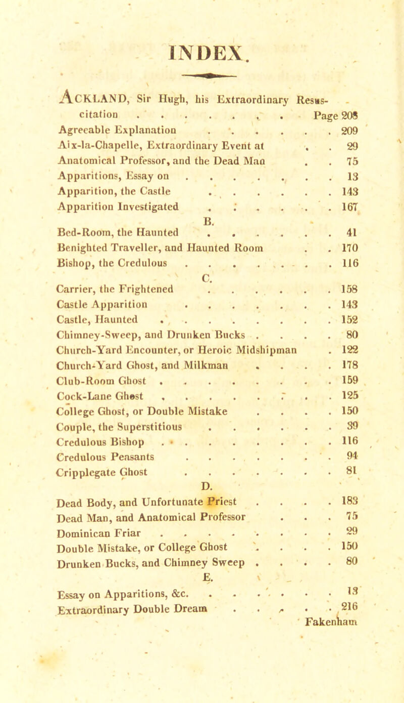 ACKLAND, Sir Hugh, his Extraordinary Resus- citation • Page 208 Agreeable Explanation . . 209 Aix-la-Chapelle, Extraordinary Event at . 29 Anatomical Professor, and the Dead Man . 75 Apparitions, Essay on . . 13 Apparition, the Castle . 143 Apparition Investigated . 167 B. Bed-Room, the Haunted . 41 Benighted Traveller, and Haunted Room . 170 Bishop, the Credulous .... . 116 C. Carrier, the Frightened . 158 Castle Apparition .... . 143 Castle, Haunted . 152 Chimney-Sweep, and Drunken Bucks . . 80 Church-Yard Encounter, or Heroic Midshipman . 122 Church-Yard Ghost, and Milkman . 178 Club-Room Ghost . 159 Cock-Lane Ghost - . 125 College Ghost, or Double Mistake . 150 Couple, the Superstitious . . . . 39 Credulous Bishop . • . . 116 Credulous Peasants .... . 94 Cripplegate Ghost .... . 81 D. Dead Body, and Unfortunate Priest . 183 Dead Man, and Anatomical Professor . 75 Dominican Friar . 29 Double Mistake, or College Ghost . 150 Drunken Bucks, and Chimney Sweep . . 80 E. \ ' _ Essay on Apparitions, &c • . 13 Extraordinary Double Dream /• . 216 Fakenham