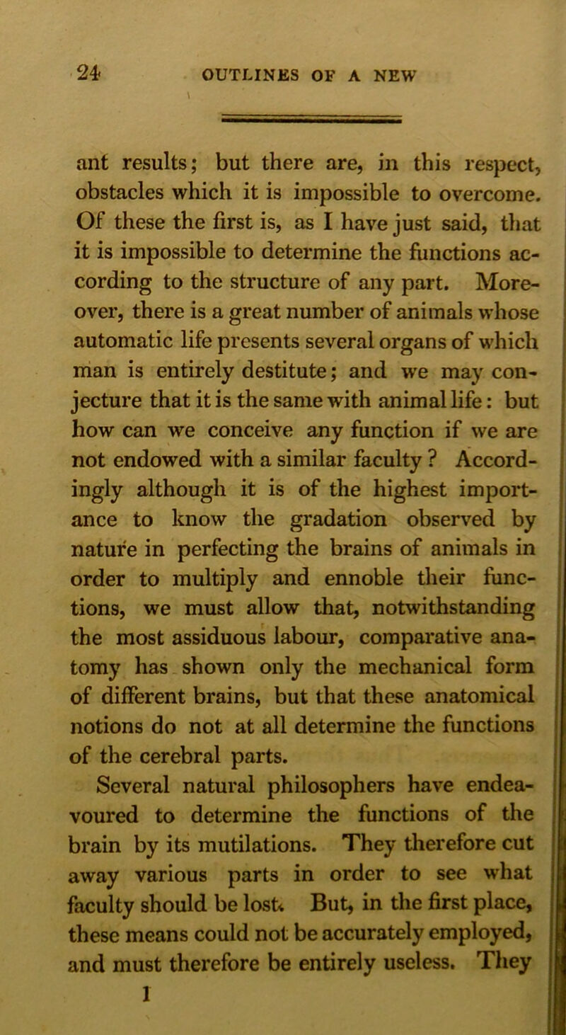 \ ant results; but there are, in this respect, obstacles which it is impossible to overcome. Of these the first is, as I have just said, that it is impossible to determine the functions ac- cording to the structure of any part. More- over, there is a great number of animals whose automatic life presents several organs of which man is entirely destitute; and wre may con- jecture that it is the same with animal life: but how can we conceive any function if we are not endowed with a similar faculty ? Accord- ingly although it is of the highest import- ance to know the gradation observed by nature in perfecting the brains of animals in order to multiply and ennoble their func- tions, we must allow that, notwithstanding the most assiduous labour, comparative ana- tomy has shown only the mechanical form of different brains, but that these anatomical notions do not at all determine the functions of the cerebral parts. Several natural philosophers have endea- voured to determine the functions of the brain by its mutilations. They therefore cut away various parts in order to see what faculty should be lost* But, in the first place, these means could not be accurately employed, and must therefore be entirely useless. They 1