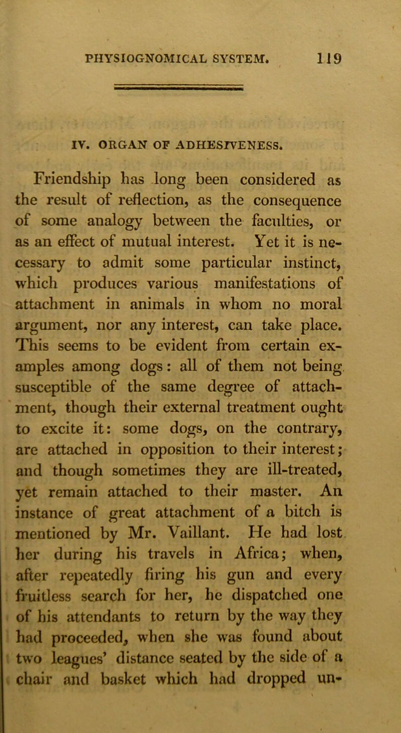 IV. ORGAN OF ADHESIVENESS. Friendship has long been considered as the result of reflection, as the consequence of some analogy between the faculties, or as an effect of mutual interest. Yet it is ne- cessary to admit some particular instinct, which produces various manifestations of attachment in animals in whom no moral argument, nor any interest, can take place. This seems to be evident from certain ex- amples among dogs: all of them not being susceptible of the same degree of attach- ment, though their external treatment ought to excite it: some dogs, on the contrary, are attached in opposition to their interest; and though sometimes they are ill-treated, yet remain attached to their master. An instance of great attachment of a bitch is mentioned by Mr. Vaillant. lie had lost her during his travels in Africa; when, after repeatedly firing his gun and every fruitless search for her, he dispatched one of his attendants to return by the way they had proceeded, when she was found about two leagues’ distance seated by the side of a chair and basket which had dropped un-