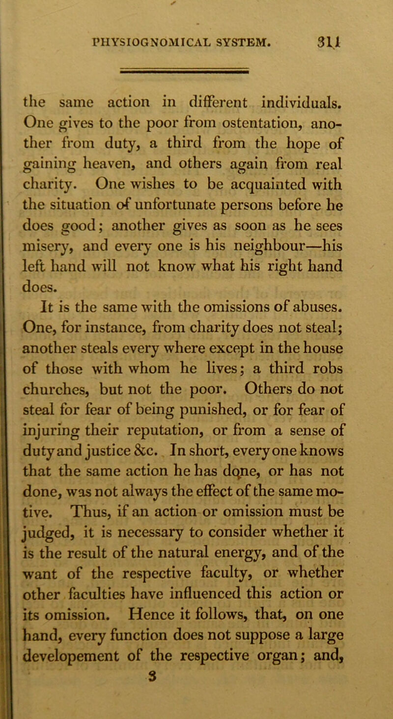 the same action in different individuals. One gives to the poor from ostentation, ano- ther from duty, a third from the hope of gaining heaven, and others again from real charity. One wishes to be acquainted with the situation of unfortunate persons before he does good; another gives as soon as he sees misery, and every one is his neighbour—his left hand will not know what his right hand does. It is the same with the omissions of abuses. One, for instance, from charity does not steal; another steals every where except in the house of those with whom he lives; a third robs churches, but not the poor. Others do not steal for fear of being punished, or for fear of injuring their reputation, or from a sense of duty and justice &c. In short, everyone knows that the same action he has dqne, or has not done, was not always the effect of the same mo- tive. Thus, if an action or omission must be judged, it is necessary to consider whether it is the result of the natural energy, and of the want of the respective faculty, or whether other faculties have influenced this action or its omission. Hence it follows, that, on one hand, every function does not suppose a large developement of the respective organ; and, 3