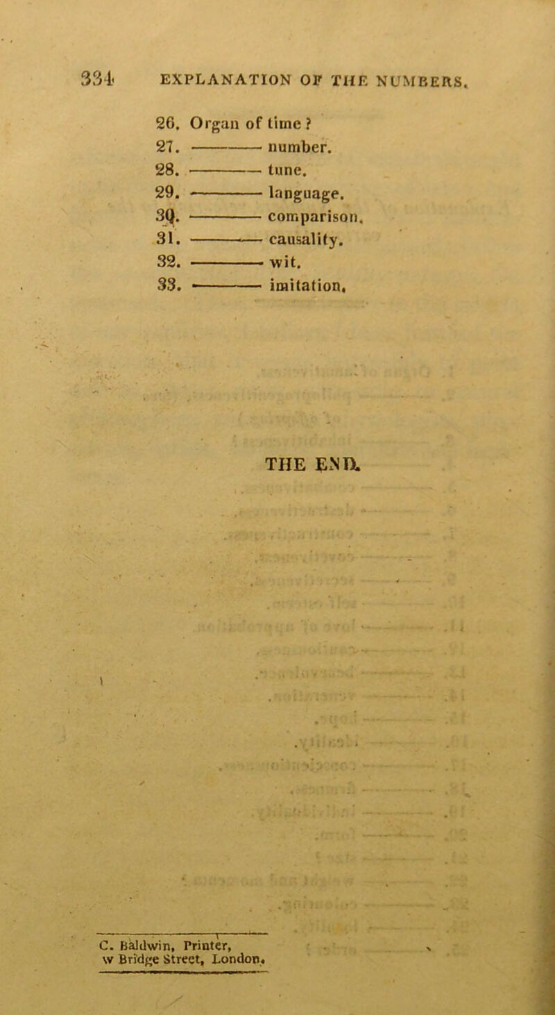 3?A EXPLANATION OP THE NUMBERS 26. Organ of time? 27. number. 28. tune. 29. language. 3Q. comparison. 31. causality. 32. wit. 33. imitation, THE Em i C. Baldwin, Printer, w Bridge Street, London.