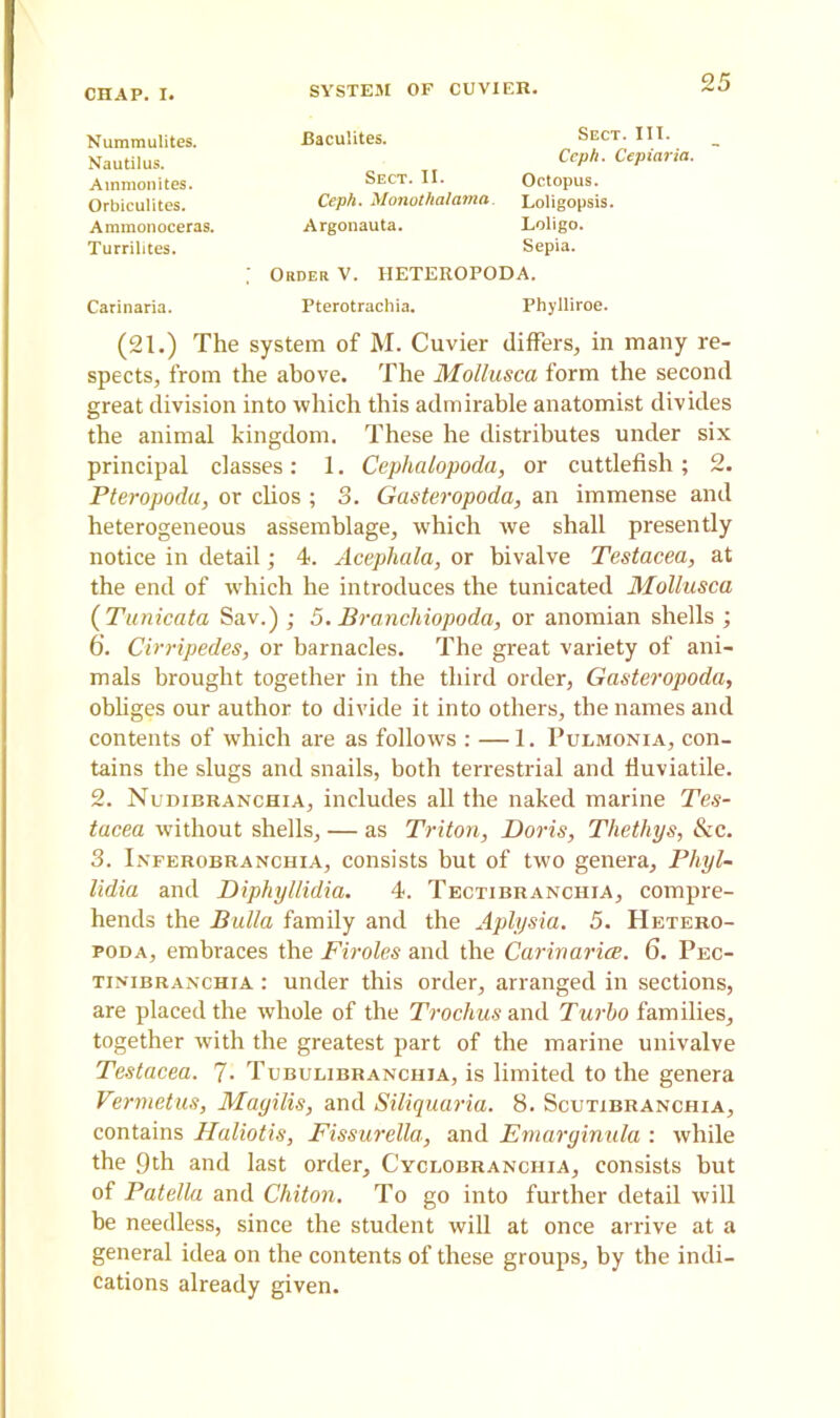 SYSTEM OF CUVIER. Nummulites. Nautilus. Ammonites. Orbiculites. Ammonoceras. Turrilites. Carinaria. Baculites. Sect. III. Ccph. Cepiaria. Sect. II. Octopus. Ceph. Monothalama. Loligopsis. Argonauta. Loligo. Sepia. Order V. IIETEROPODA. Pterotrachia. Phylliroe. (21.) The system of M. Cuvier differs, in many re- spects, from the above. The Mollusca form the second great division into which this admirable anatomist divides the animal kingdom. These he distributes under six principal classes: 1. Cephalopoda, or cuttlefish; 2. Pteropoda, or clios ; 3. Gasteropoda, an immense and heterogeneous assemblage, which we shall presently notice in detail; 4. Acephala, or bivalve Testacea, at the end of which he introduces the tunicated Mollusca ( Tunicata Sav.) ; 5. Branchiopoda, or anomian shells ; 6. Cirripedes, or barnacles. The great variety of ani- mals brought together in the third order, Gasteropoda, obliges our author to divide it into others, the names and contents of which are as follows : — 1. Pulmonia, con- tains the slugs and snails, both terrestrial and fiuviatile. 2. Nudibranchia, includes all the naked marine Tes- tacea without shells, — as Triton, Doris, Thethys, &c. 3. Inferobranchia, consists but of two genera, Phyl- lidia and Diphyllidia. 4. Tectibranchia, compre- hends the Bulla family and the Aplysia. 5. Hetero- poda, embraces the Firoles and the Carinarioe. 6. Pec- tinibranchia : under this order, arranged in sections, are placed the whole of the Trochus and Turbo families, together with the greatest part of the marine univalve Testacea. 7. Tubulibranchja, is limited to the genera Vermetus, Magilis, and Siliquaria. 8. Scutibranchia, contains Haliotis, Fissurella, and Emarginula : while the 9th and last order, Cycbobranchia, consists but of Patella and Chiton. To go into further detail will he needless, since the student will at once arrive at a general idea on the contents of these groups, by the indi- cations already given.