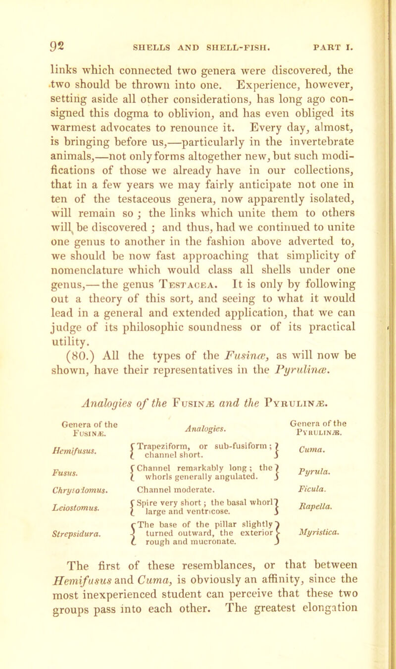 links which connected two genera were discovered, the two should be thrown into one. Experience, however, setting aside all other considerations, has long ago con- signed this dogma to oblivion, and has even obliged its warmest advocates to renounce it. Every day, almost, is bringing before us,—particularly in the invertebrate animals,—not only forms altogether new, but such modi- fications of those we already have in our collections, that in a few years we may fairly anticipate not one in ten of the testaceous genera, now apparently isolated, will remain so ; the links which unite them to others will(be discovered ; and thus, had we continued to unite one genus to another in the fashion above adverted to, we should be now fast approaching that simplicity of nomenclature which would class all shells under one genus,— the genus Testacea. It is only by following out a theory of this sort, and seeing to what it would lead in a general and extended application, that we can judge of its philosophic soundness or of its practical utility. (80.) All the types of the Fusince, as will now be shown, have their representatives in the Pyrulince. Analogies of the Fusing and the Pyrulinje. Genera of the Fusing. Analogies. Genera of the P\' It ULIN/E. Hcm\fusus. CTrapeziform, or sub-fusiform;? \ channel short. i Cuma. Fusus. C Channel remarkably long ; the 7 £ whorls generally angulated. 3 Pyrula. Chrysoiomus. Channel moderate. Ficula. Leiostomus. C Spire very short; the basal whorl? f large and ventricose. 3 Rapella. Strepsidura. rThe base of the pillar slightly^ 4 turned outward, the exterior > C rough and mucronate. j Myrislica. The first of these resemblances, or that between Hemifusus and Cuma, is obviously an affinity, since the most inexperienced student can perceive that these two groups pass into each other. The greatest elongation